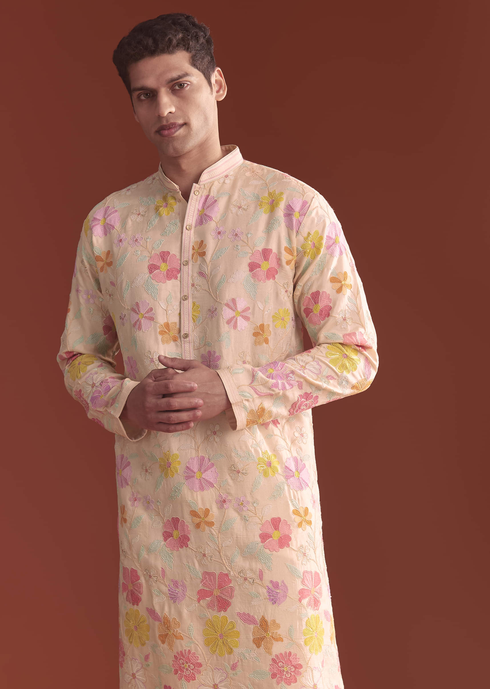 Peach Silk Kurta Set For Men With Thread Work - Image 4