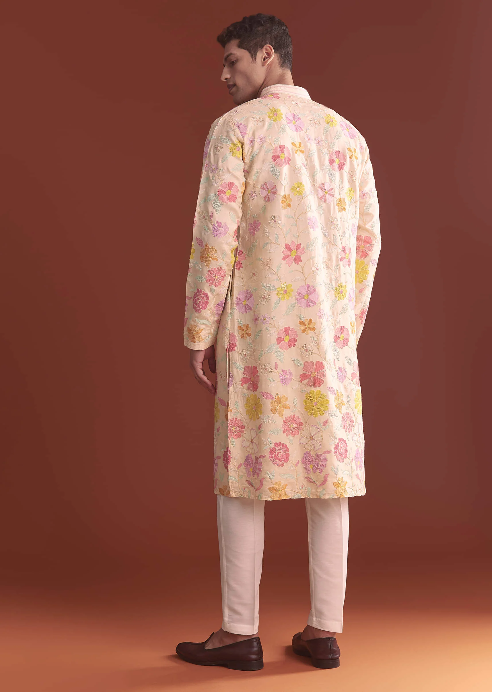 Peach Silk Kurta Set For Men With Thread Work - Image 5
