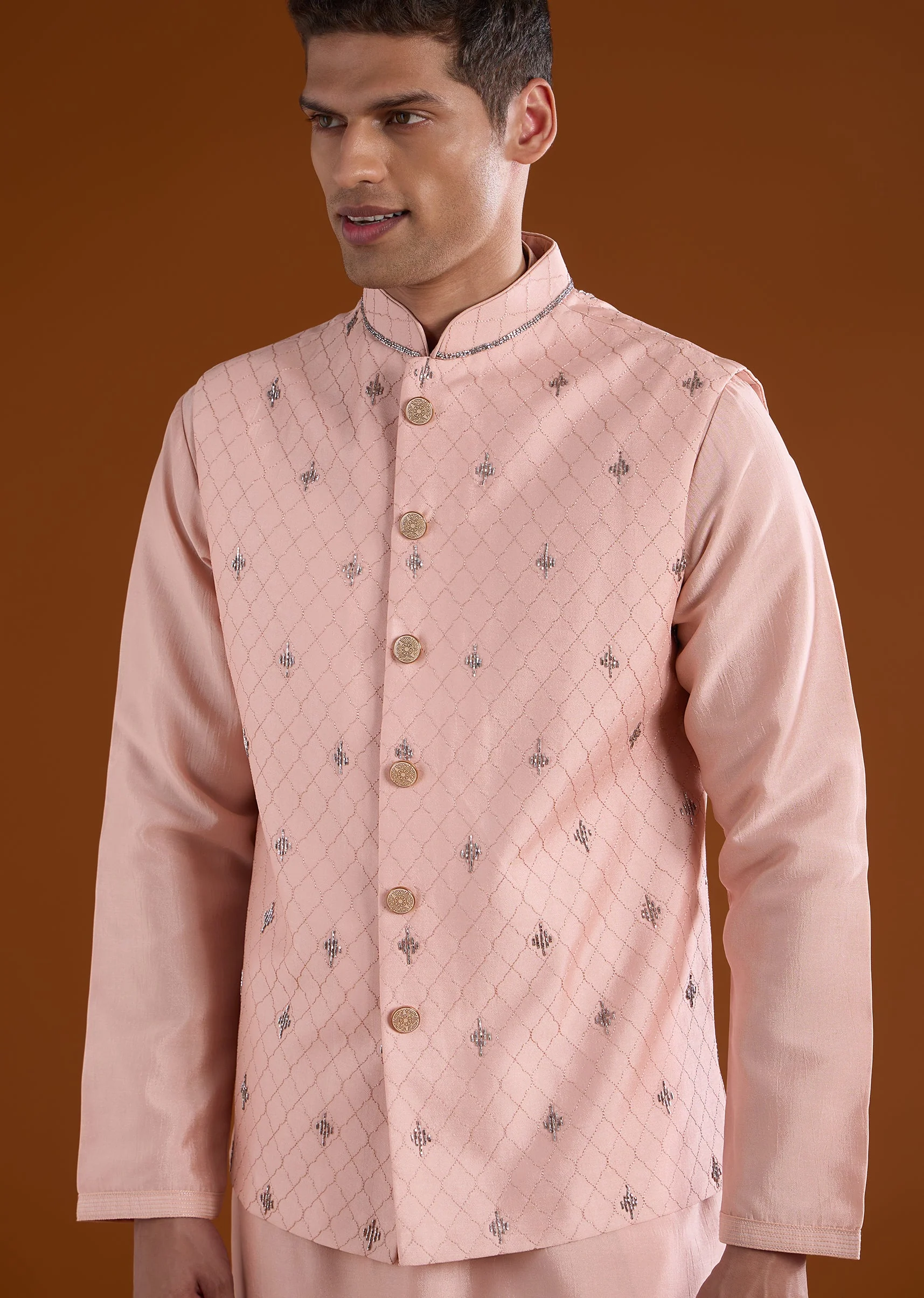Peach Silk Mens Kurta Jacket Set With Thread Metal And Bead Work - Image 2