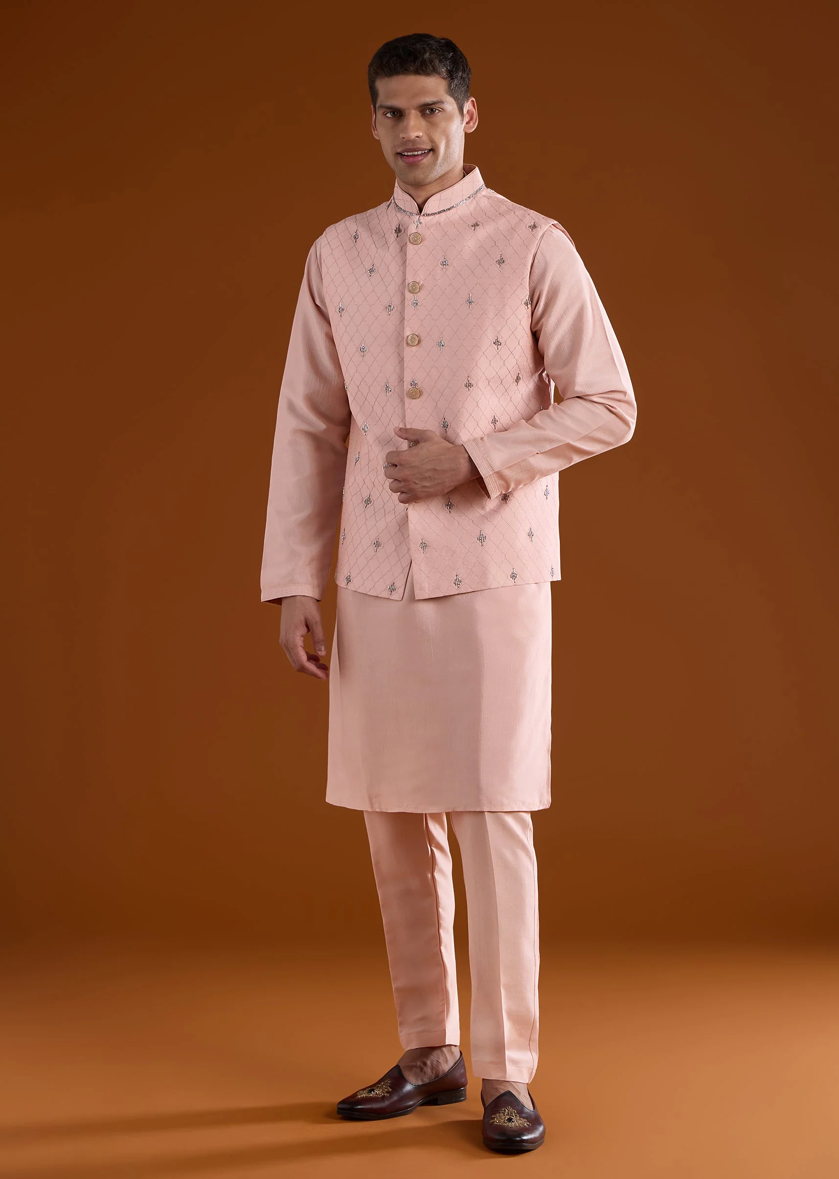 Peach Silk Mens Kurta Jacket Set With Thread Metal And Bead Work - Image 3