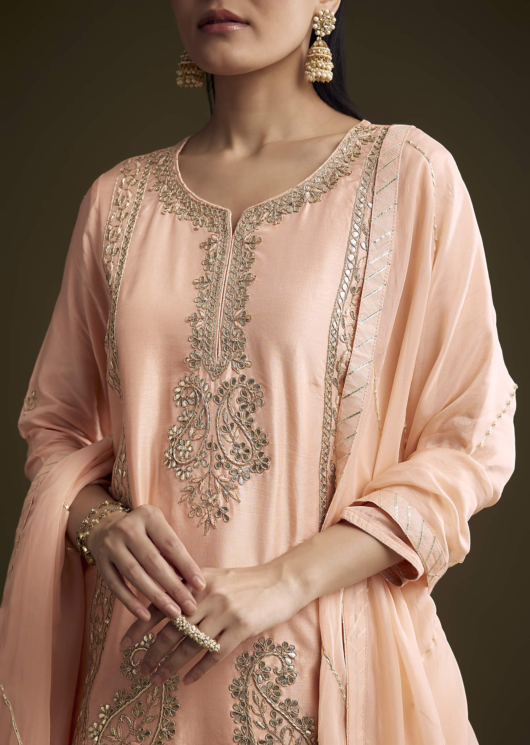 Peach Silk Sharara Suit With Zardosi And Gota Work - Image 2