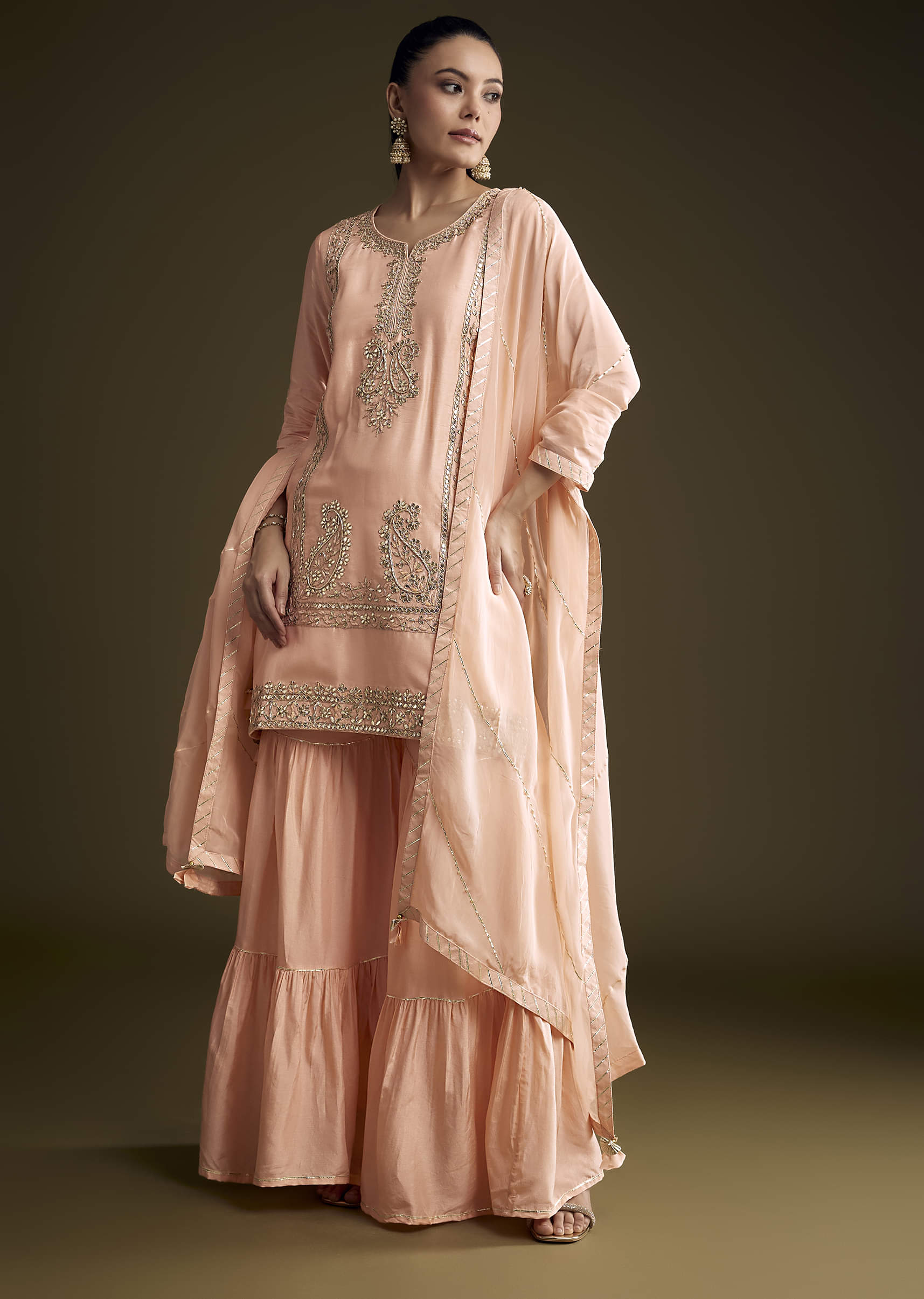 Peach Silk Sharara Suit With Zardosi And Gota Work - Image 3