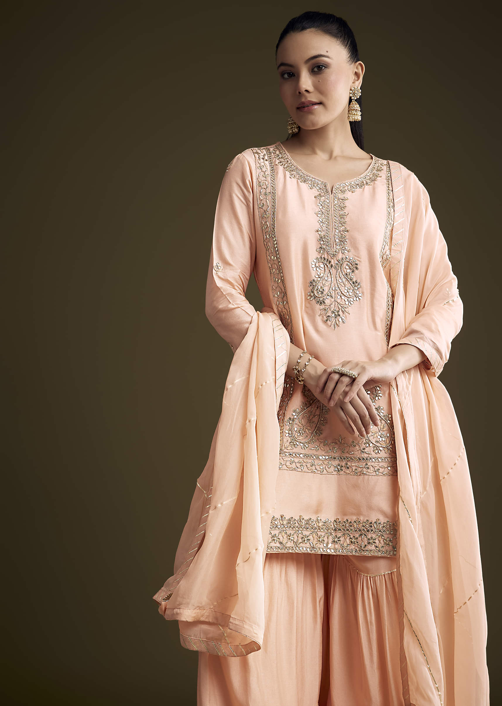 Peach Silk Sharara Suit With Zardosi And Gota Work - Image 4
