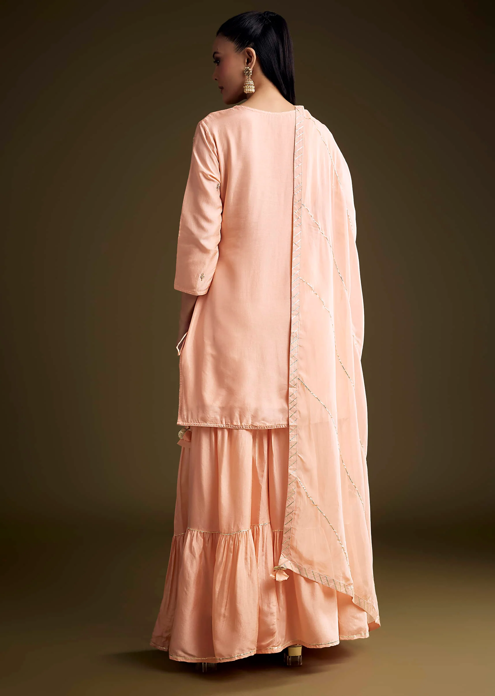 Peach Silk Sharara Suit With Zardosi And Gota Work - Image 5