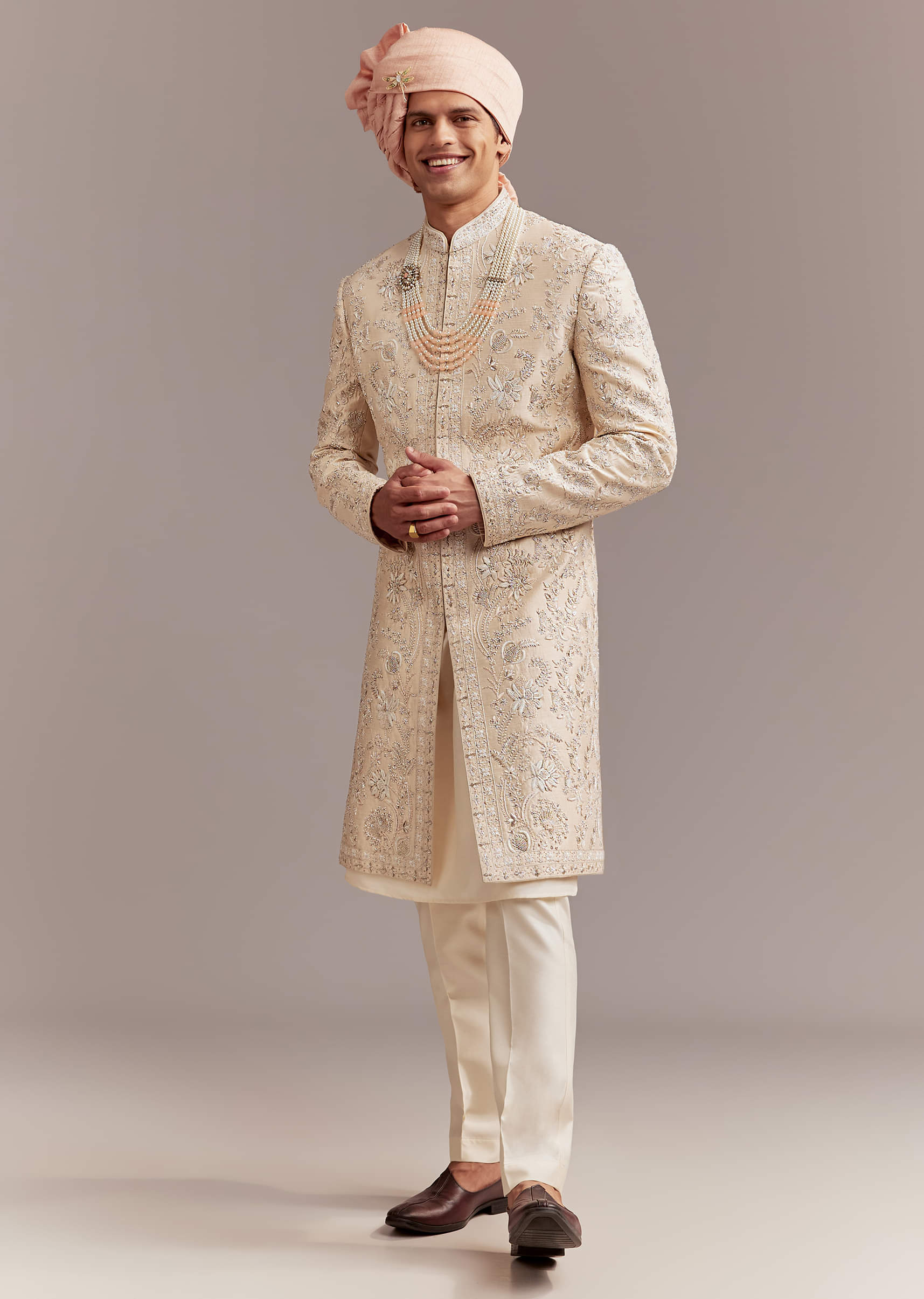 Peach Silk Sherwani For Groom With Floral And Paisley Motifs - Image 3