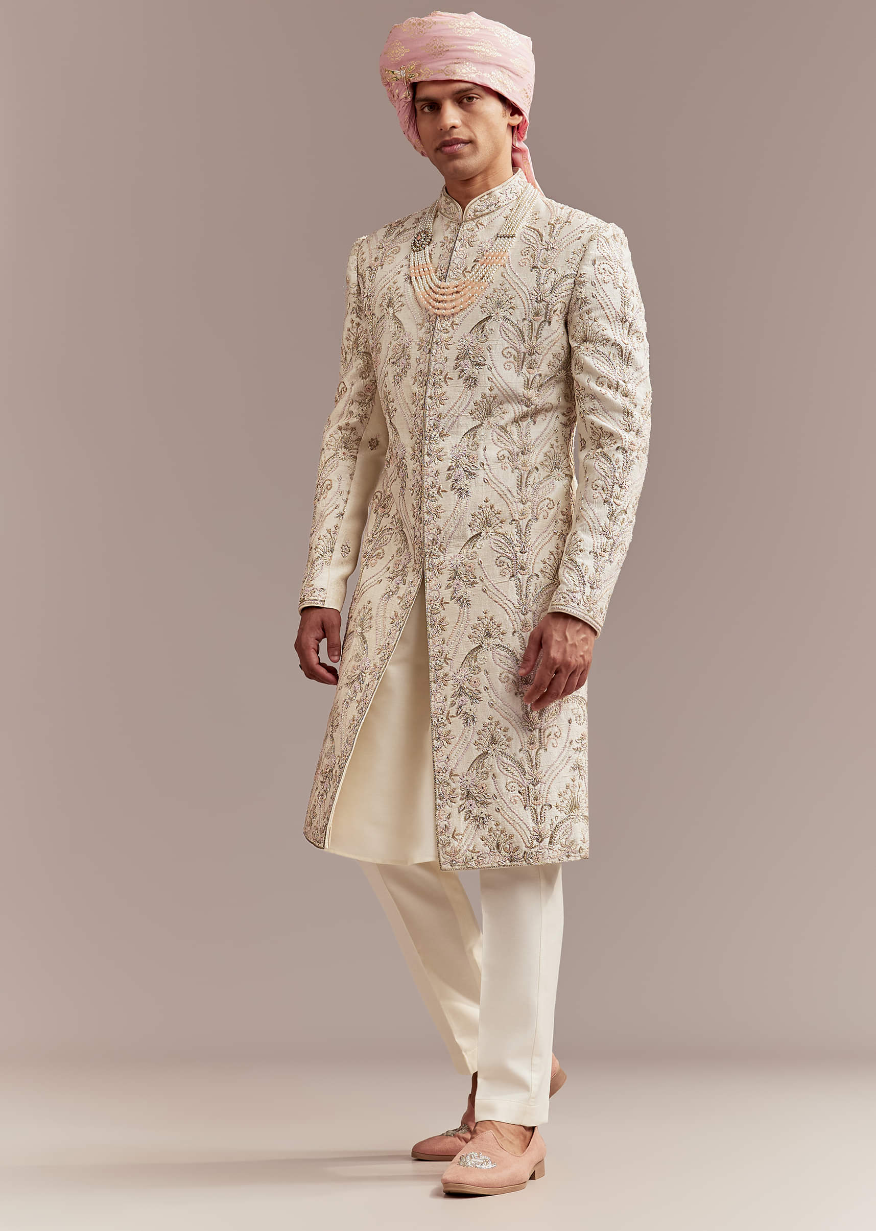 Peach Silk Sherwani For Groom With Pastel Floral Embroidery - Image 3