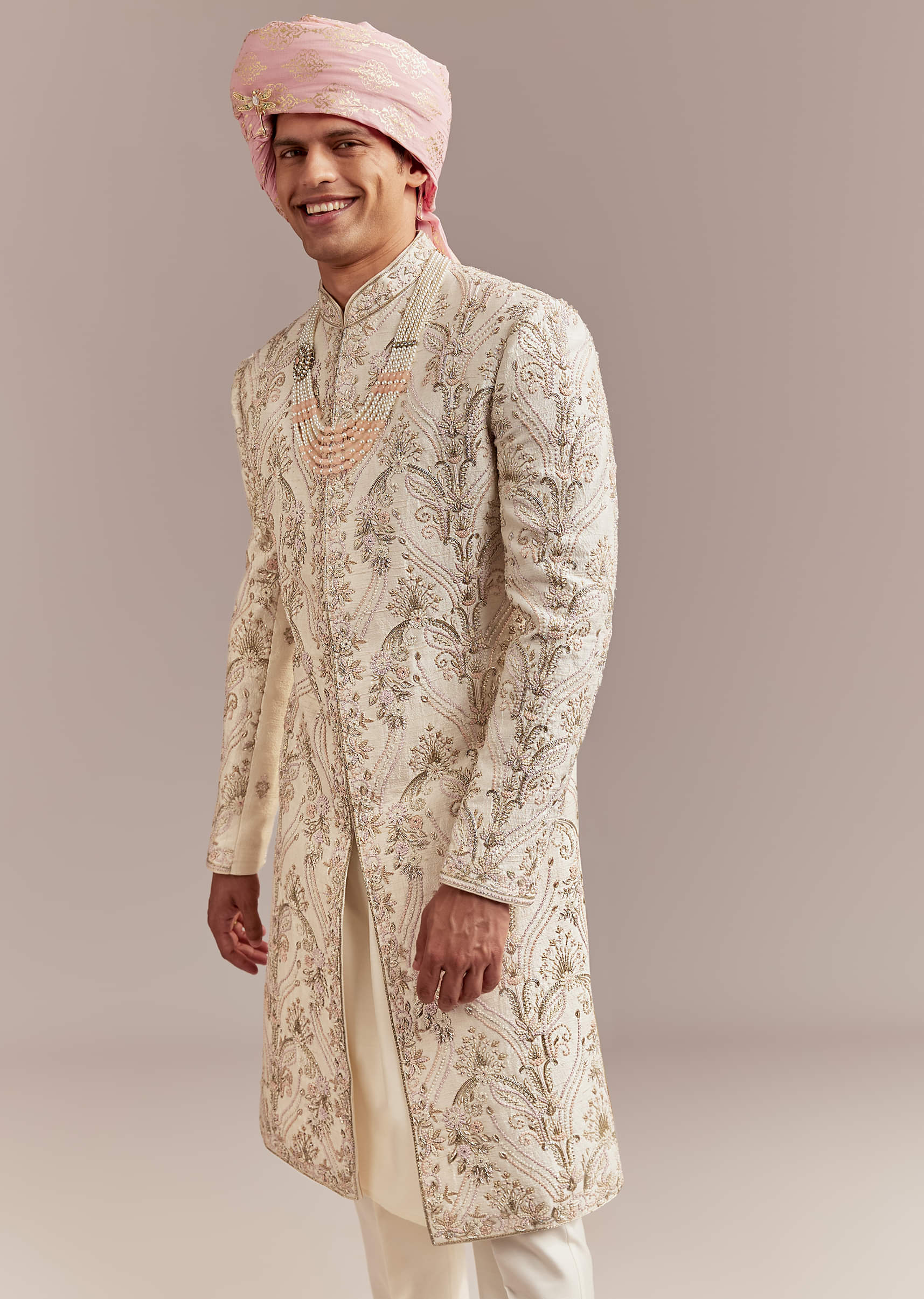 Peach Silk Sherwani For Groom With Pastel Floral Embroidery - Image 4