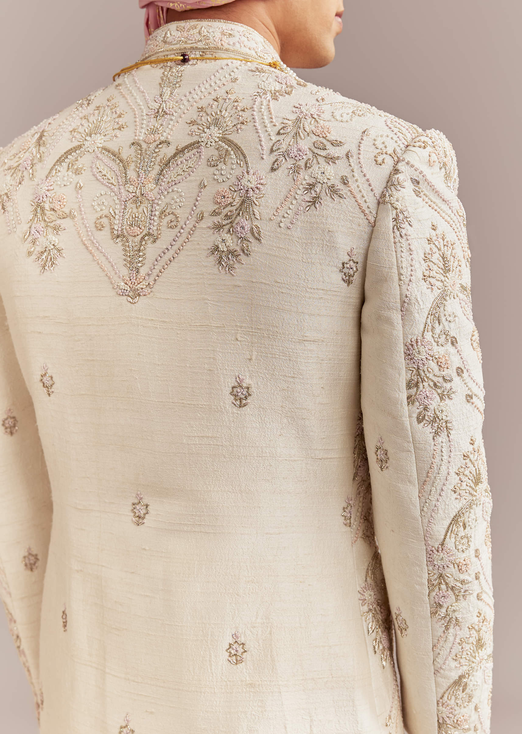 Peach Silk Sherwani For Groom With Pastel Floral Embroidery - Image 6