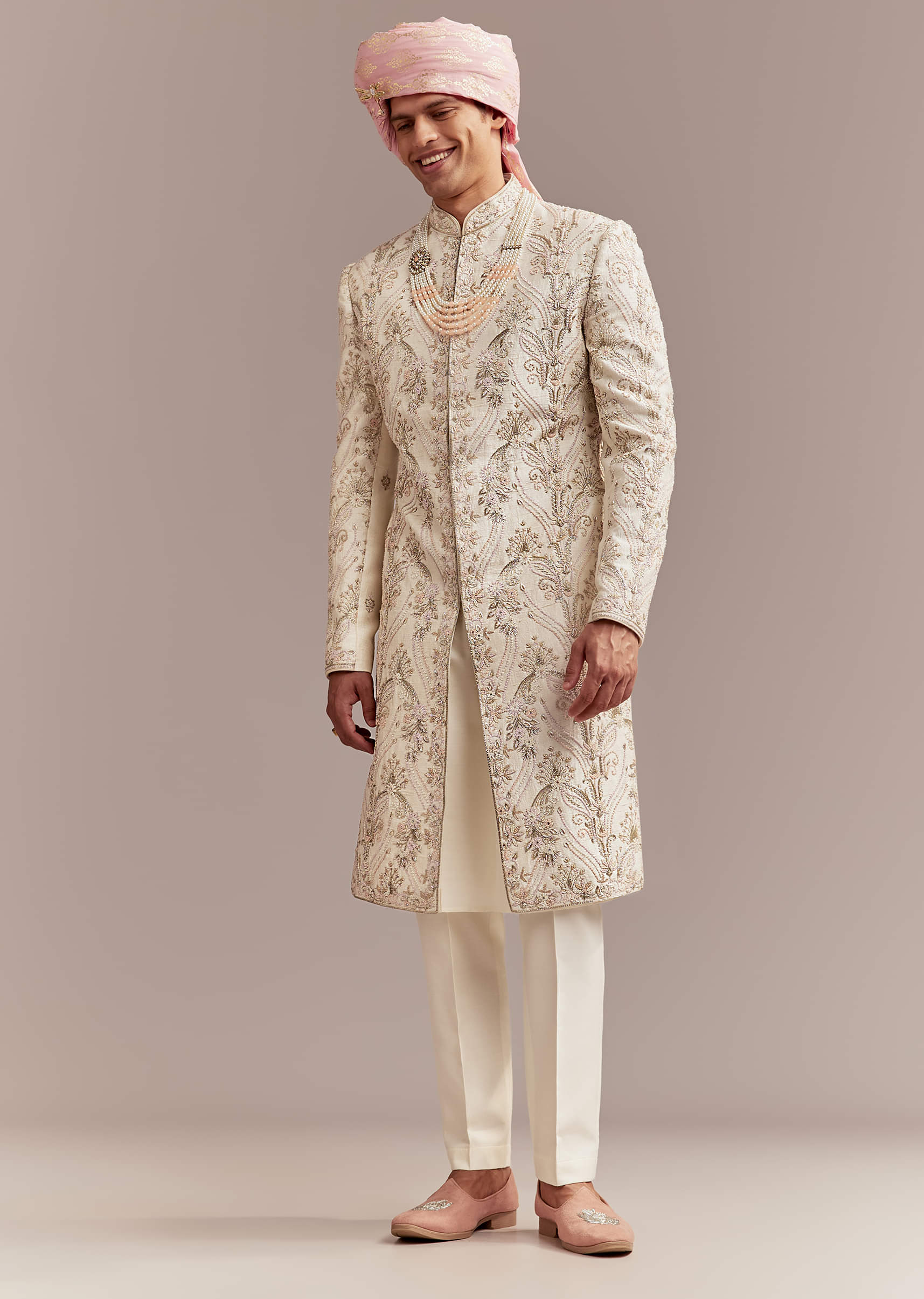 Peach Silk Sherwani For Groom With Pastel Floral Embroidery - Image 9