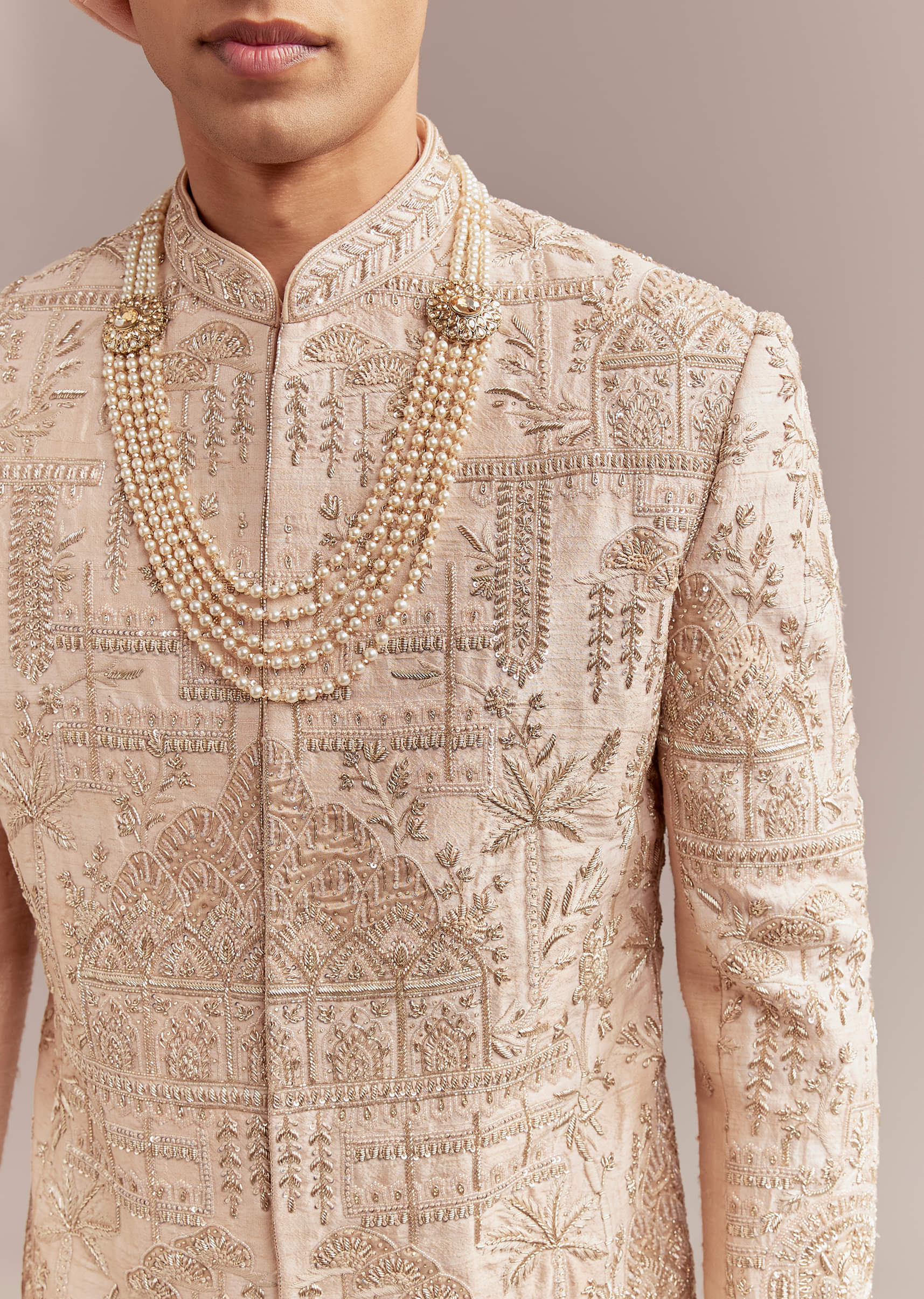 Peach Silk Sherwani For Groom With Zardosi And Sequins Embroidery - Image 2