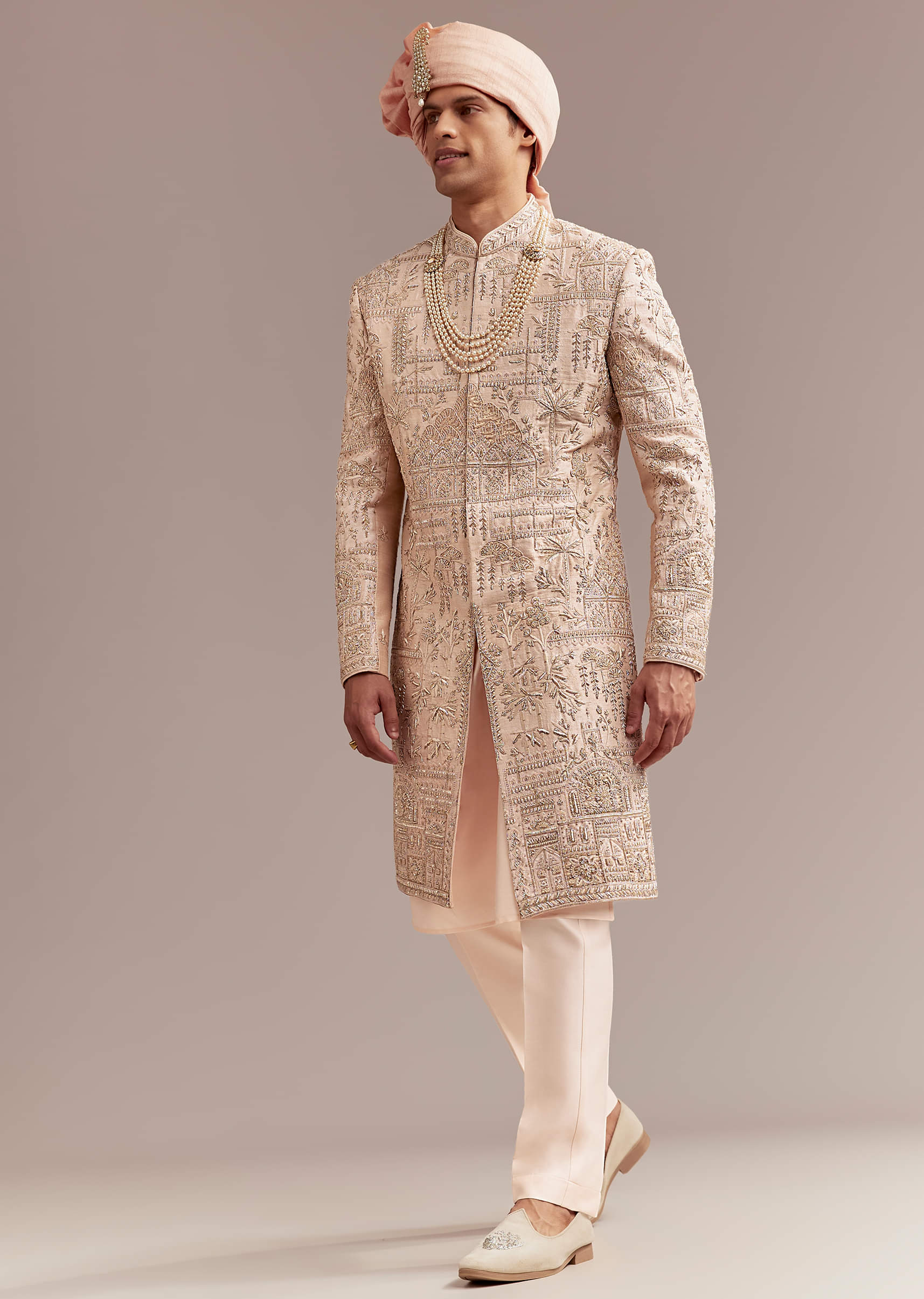 Peach Silk Sherwani For Groom With Zardosi And Sequins Embroidery - Image 3