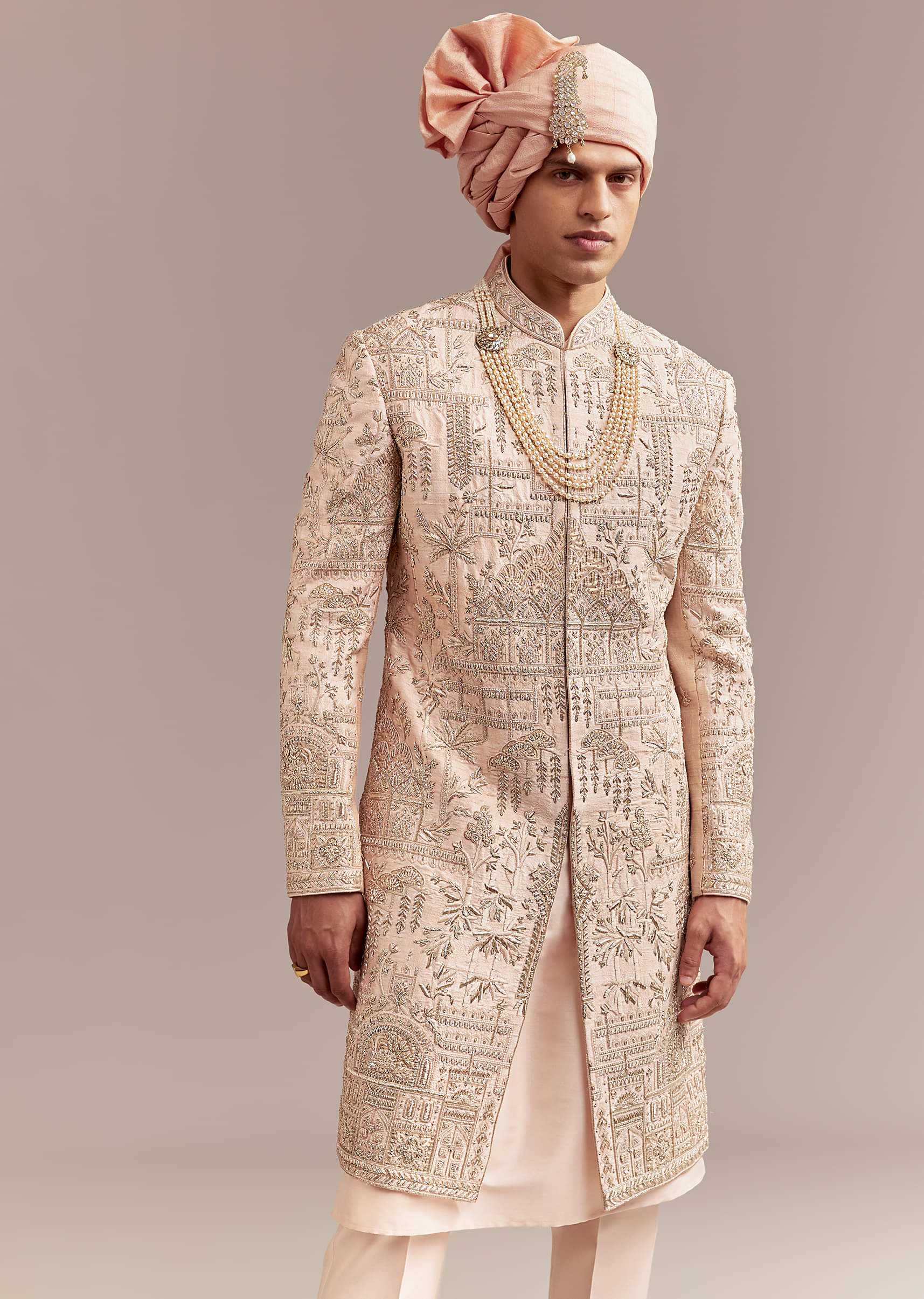 Peach Silk Sherwani For Groom With Zardosi And Sequins Embroidery - Image 4