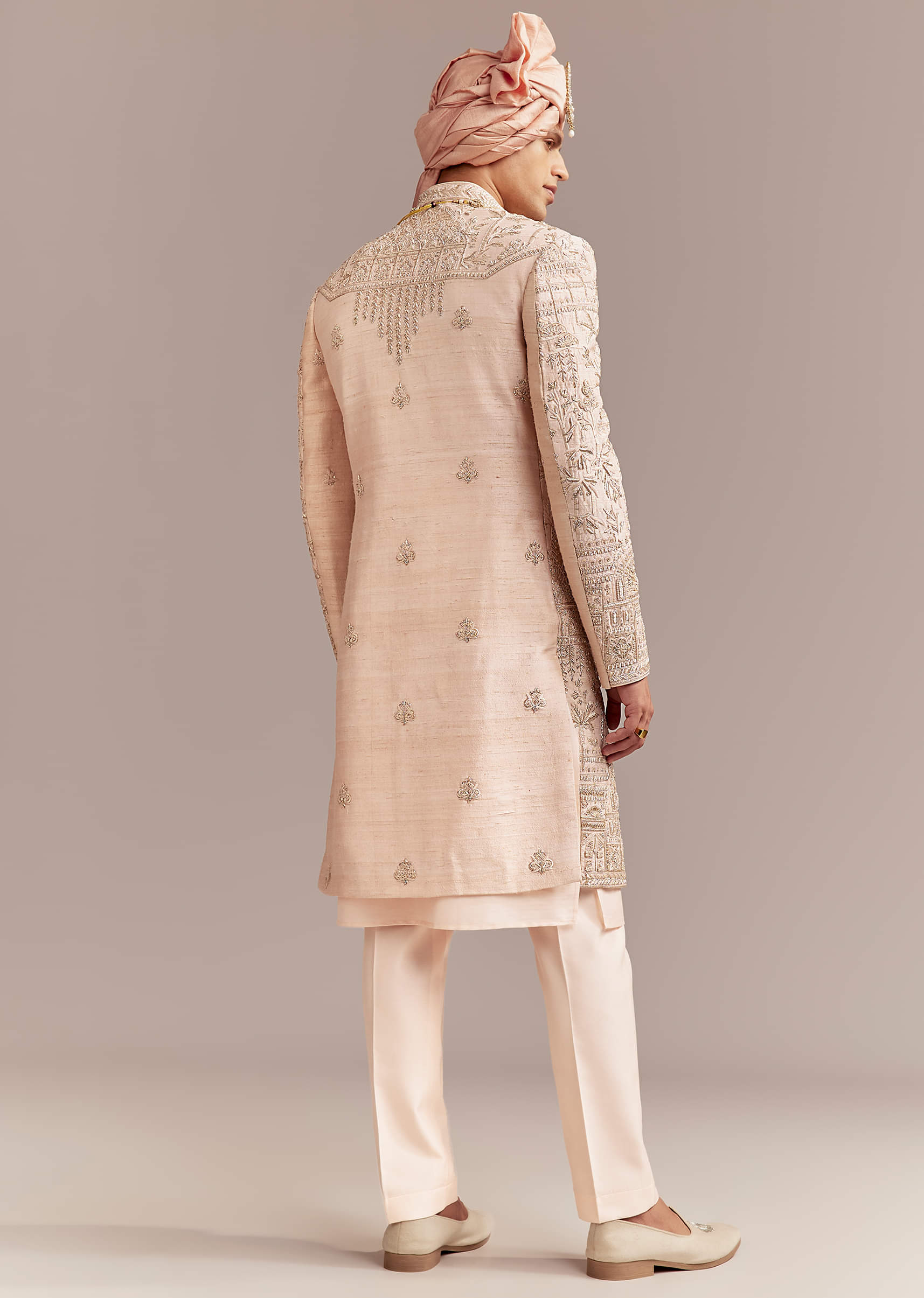 Peach Silk Sherwani For Groom With Zardosi And Sequins Embroidery - Image 5