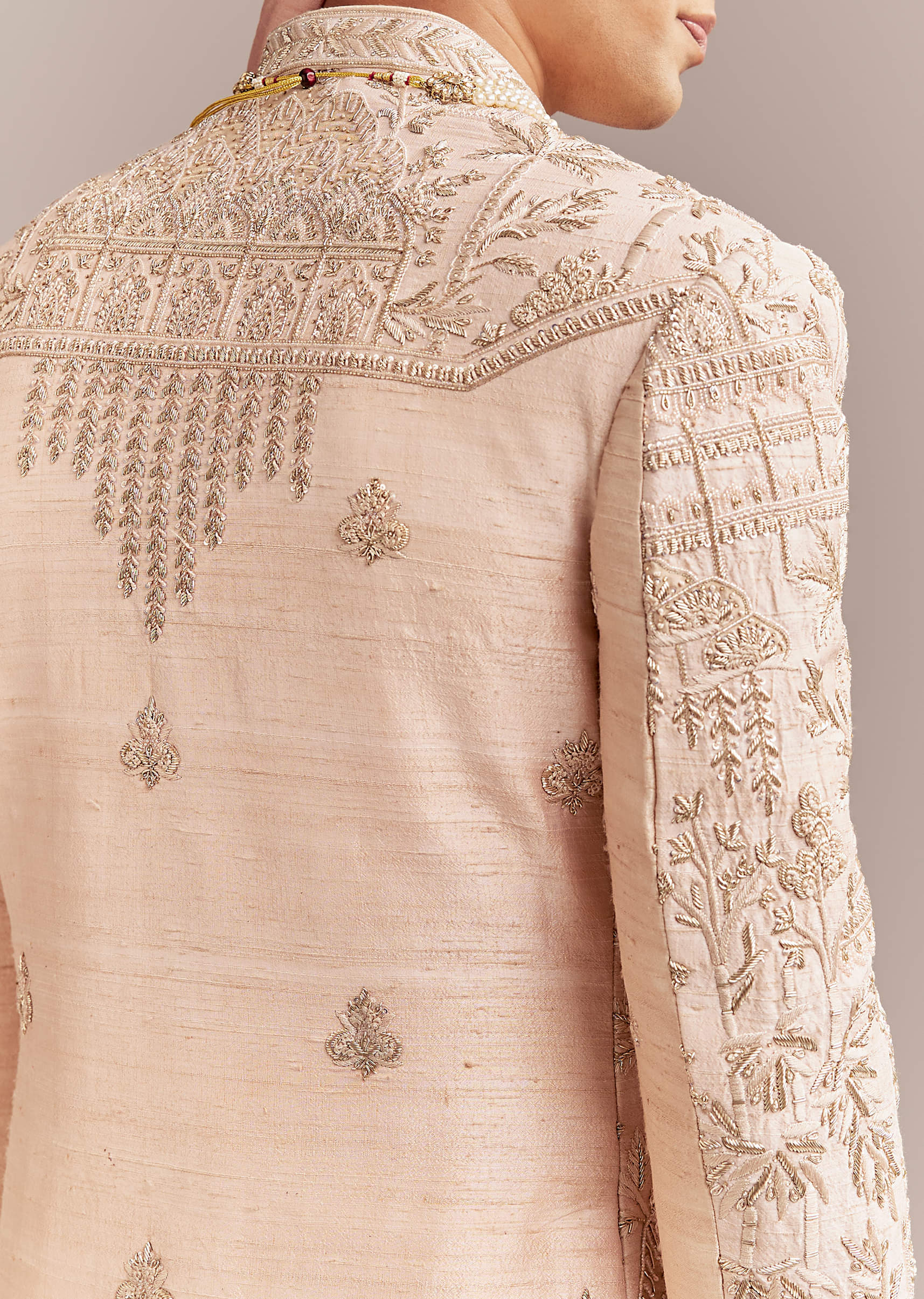 Peach Silk Sherwani For Groom With Zardosi And Sequins Embroidery - Image 6