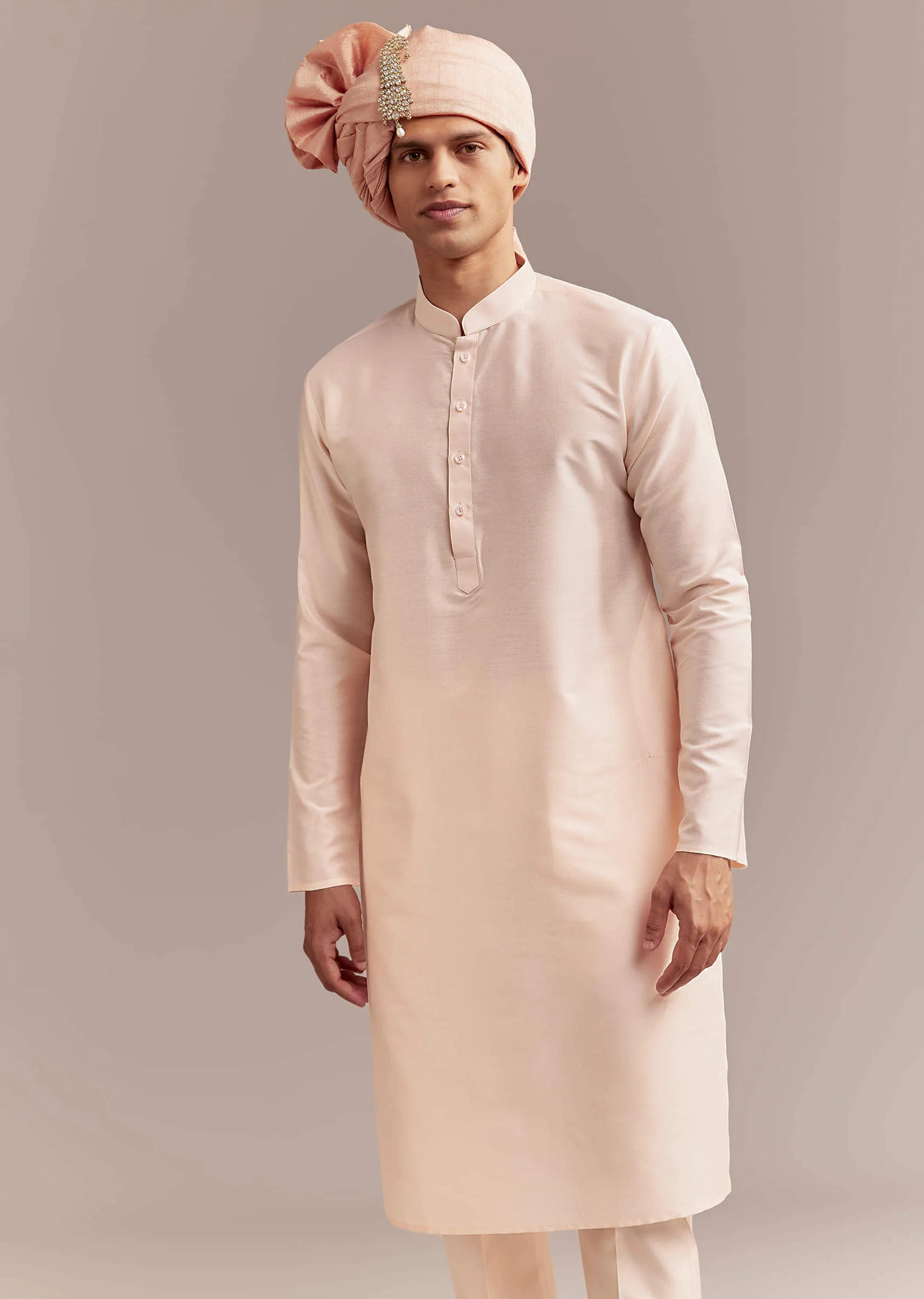 Peach Silk Sherwani For Groom With Zardosi And Sequins Embroidery - Image 7