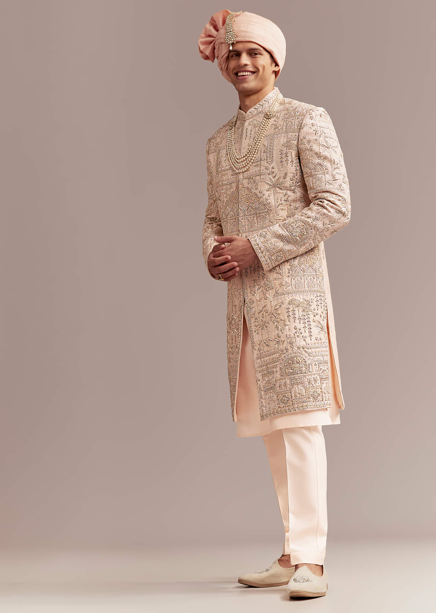 Peach Silk Sherwani For Groom With Zardosi And Sequins Embroidery - Image 9
