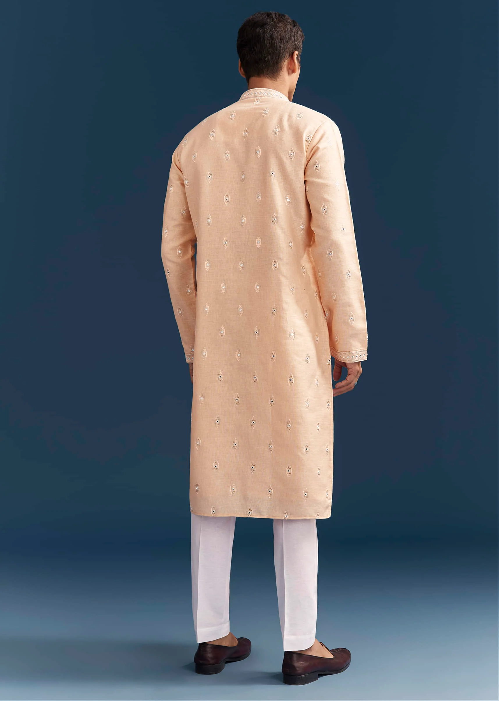 Peach Silk Textured Kurta Set For Men With Thread And Mirror Work - Image 5
