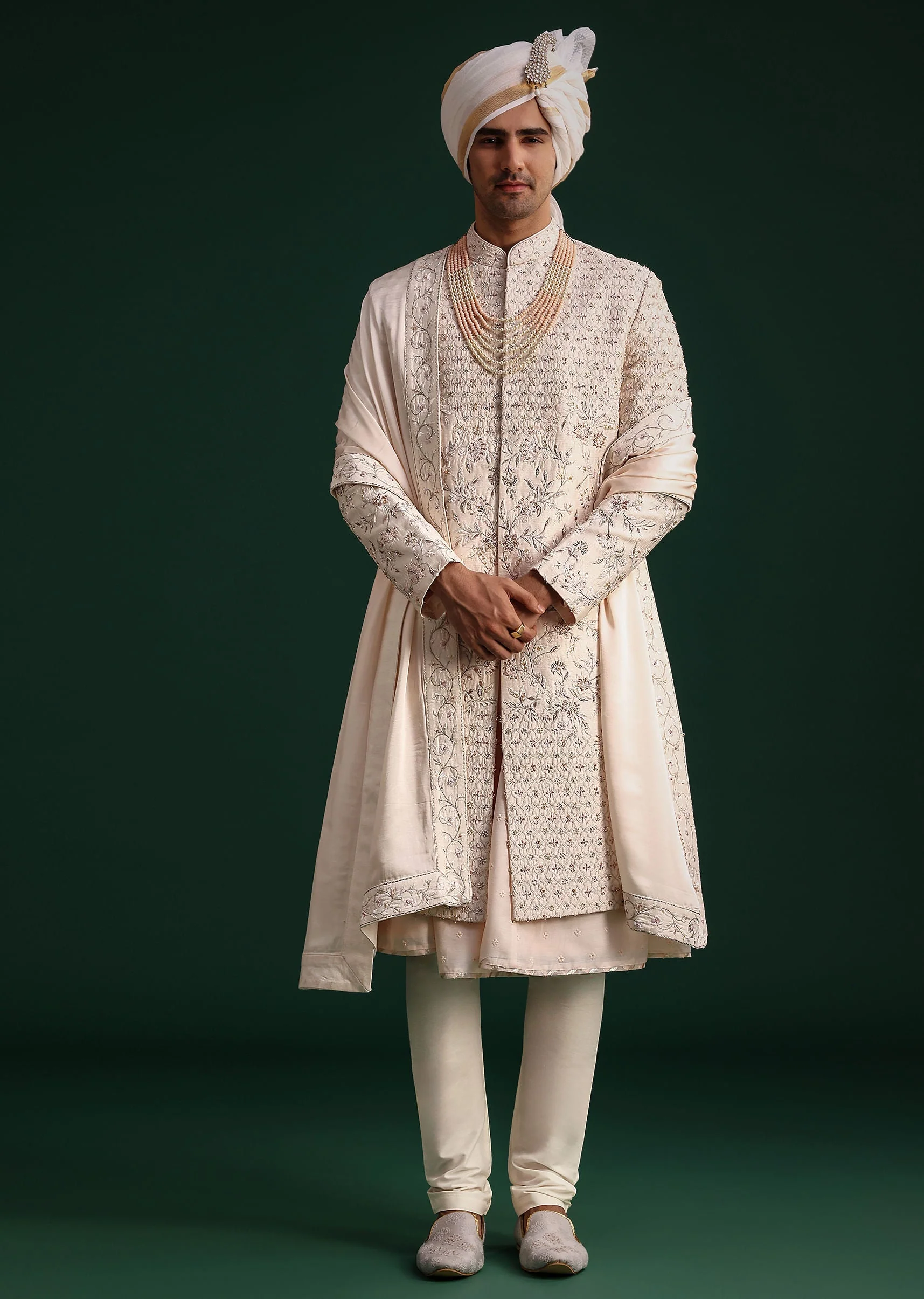 Peach Silk Zari Embroidered Sherwani Suit With Mala And Dupatta