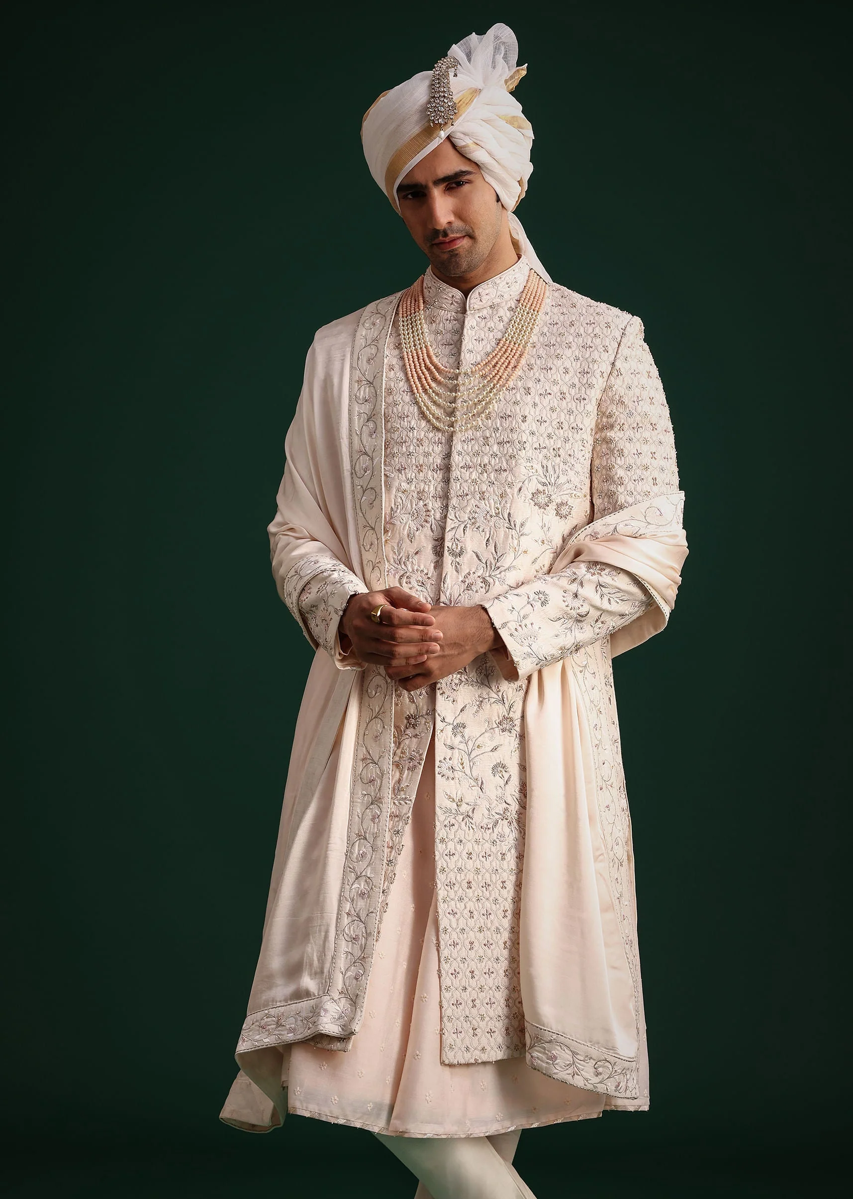 Peach Silk Zari Embroidered Sherwani Suit With Mala And Dupatta - Image 4