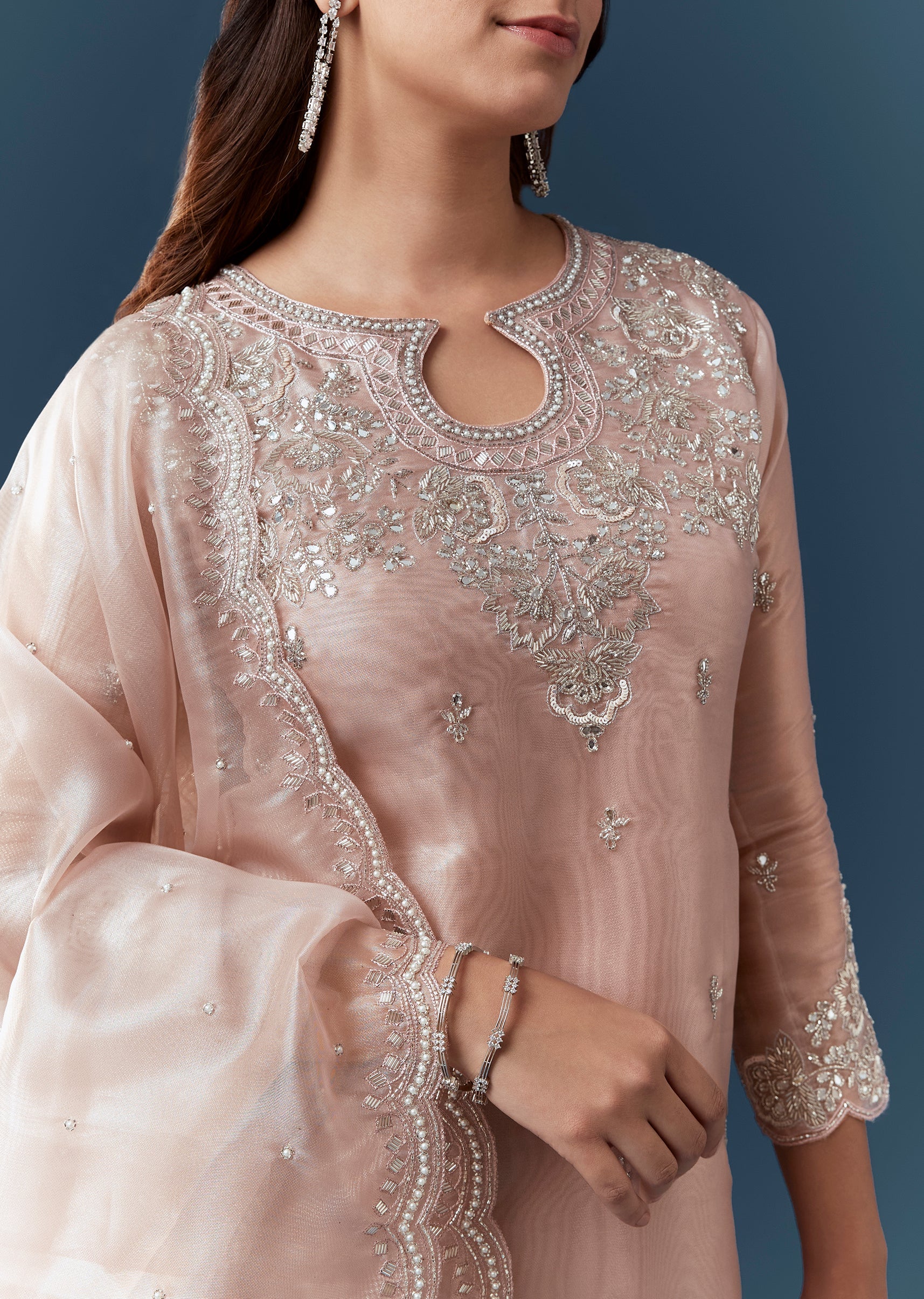 Peach Silver Work Tissue Kurta Sharara Set - Image 2