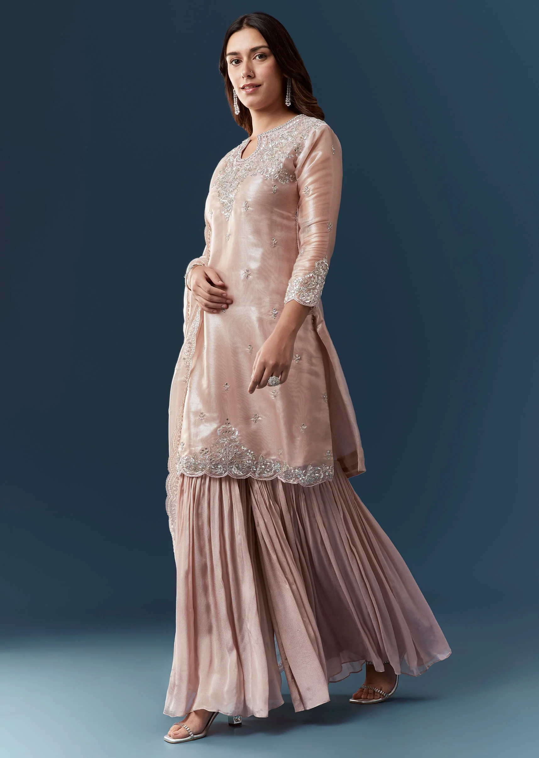 Peach Silver Work Tissue Kurta Sharara Set - Image 3