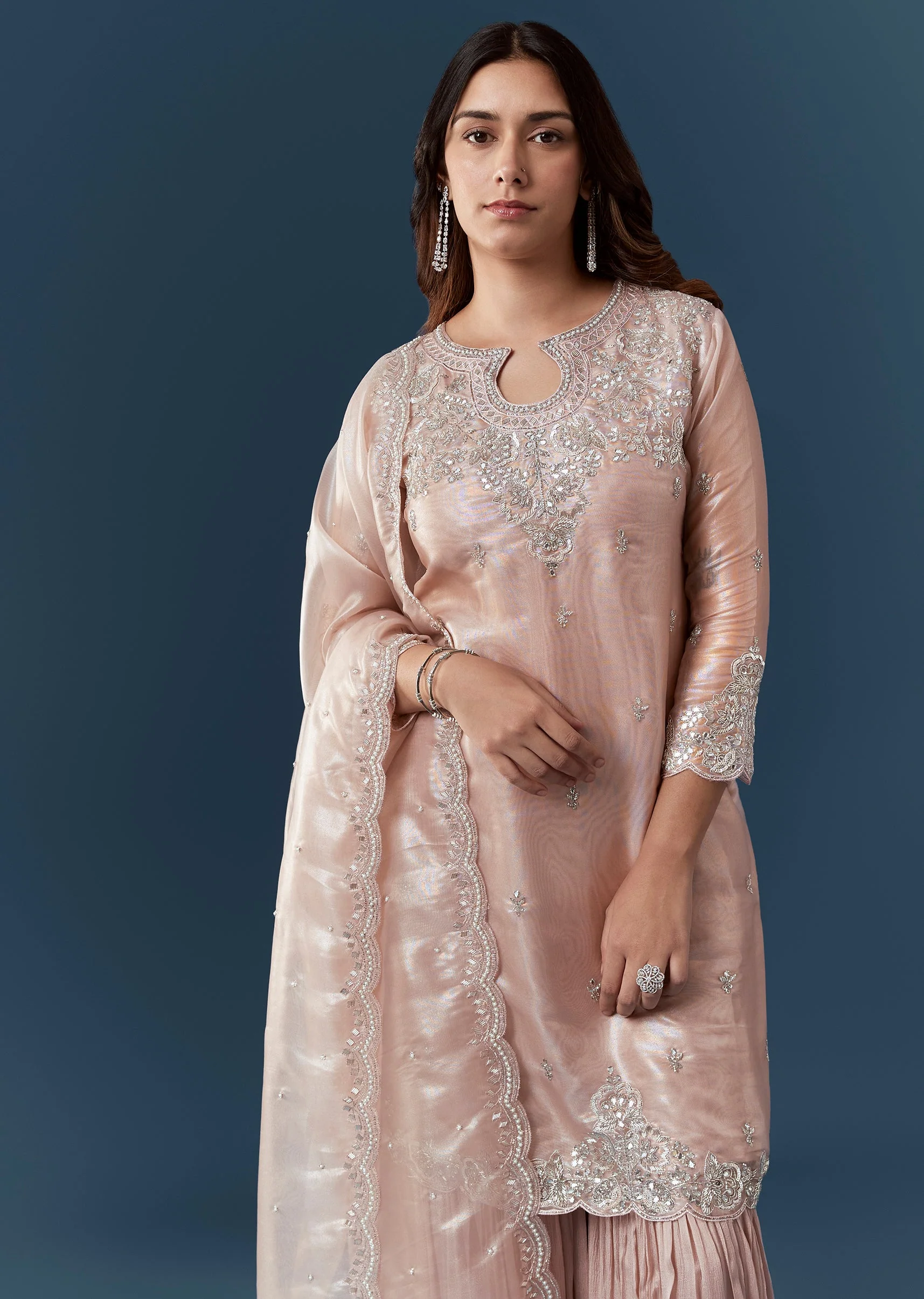 Peach Silver Work Tissue Kurta Sharara Set - Image 4