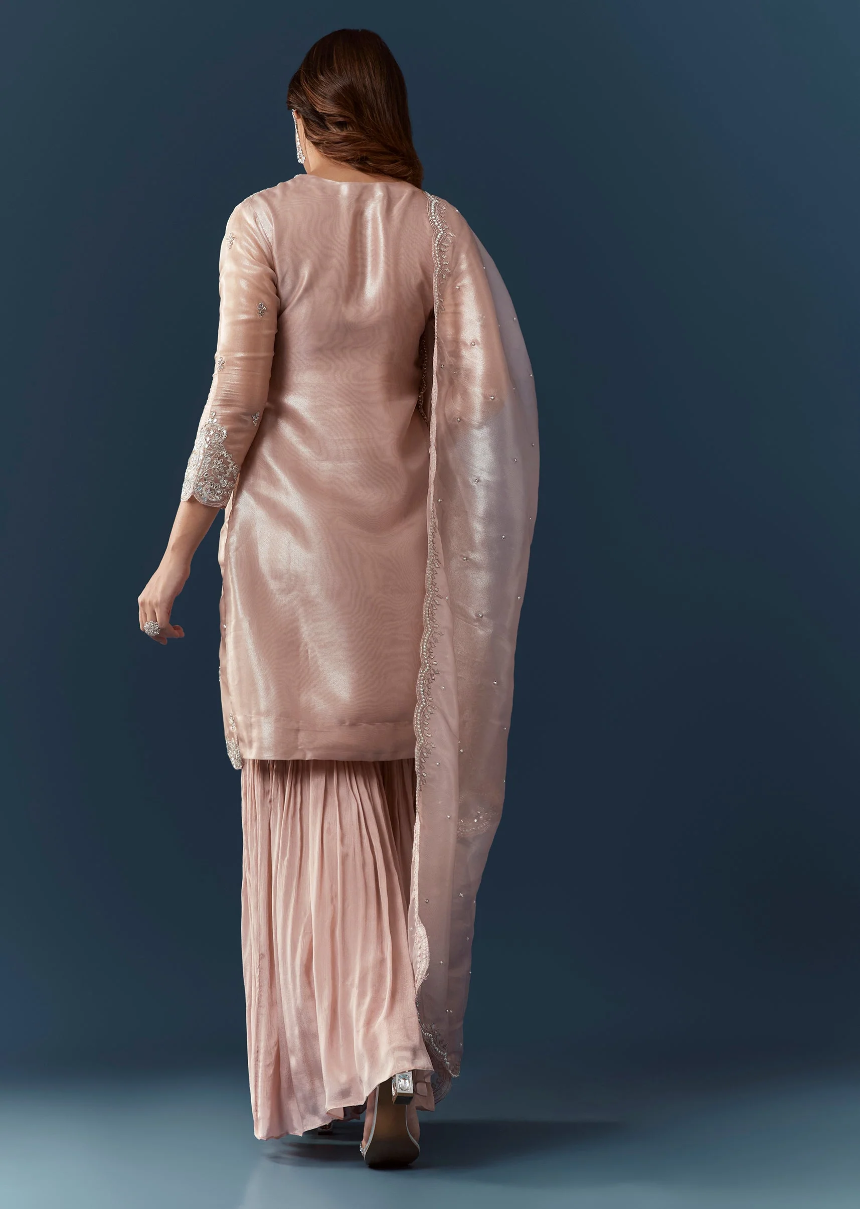 Peach Silver Work Tissue Kurta Sharara Set - Image 5