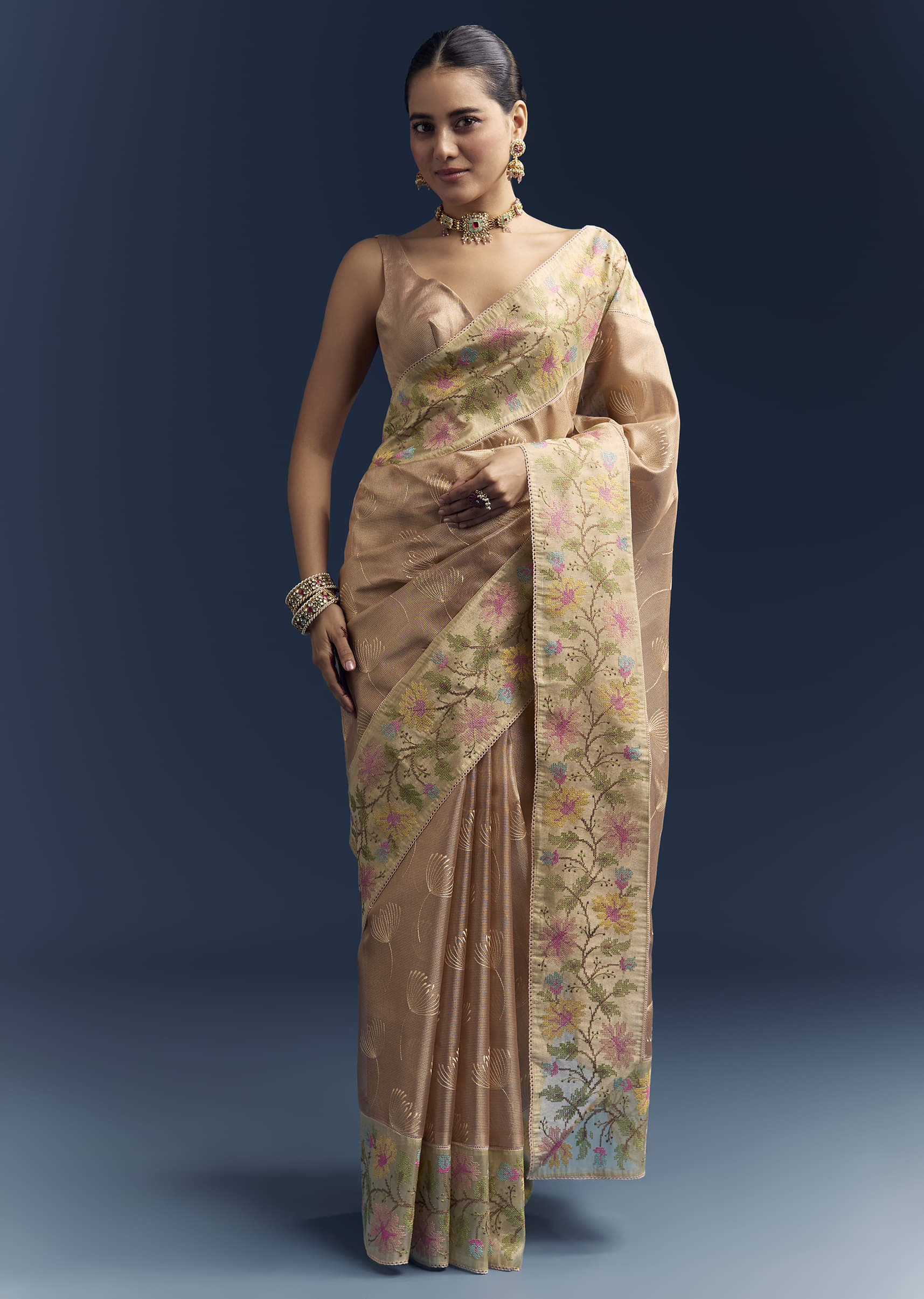 Peach Tissue Chanderi Silk Saree With Floral Resham Work - Image 3