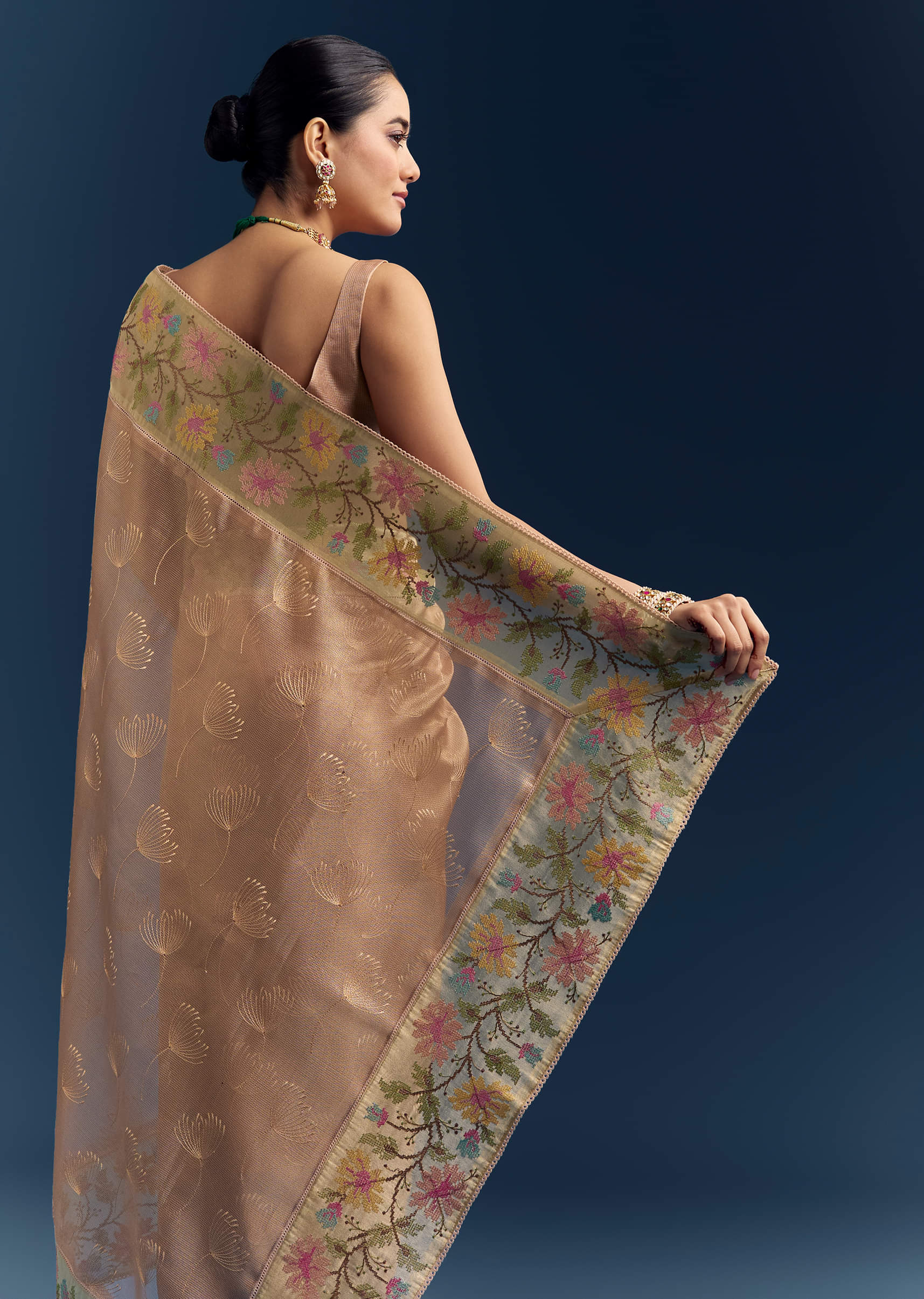 Peach Tissue Chanderi Silk Saree With Floral Resham Work - Image 6