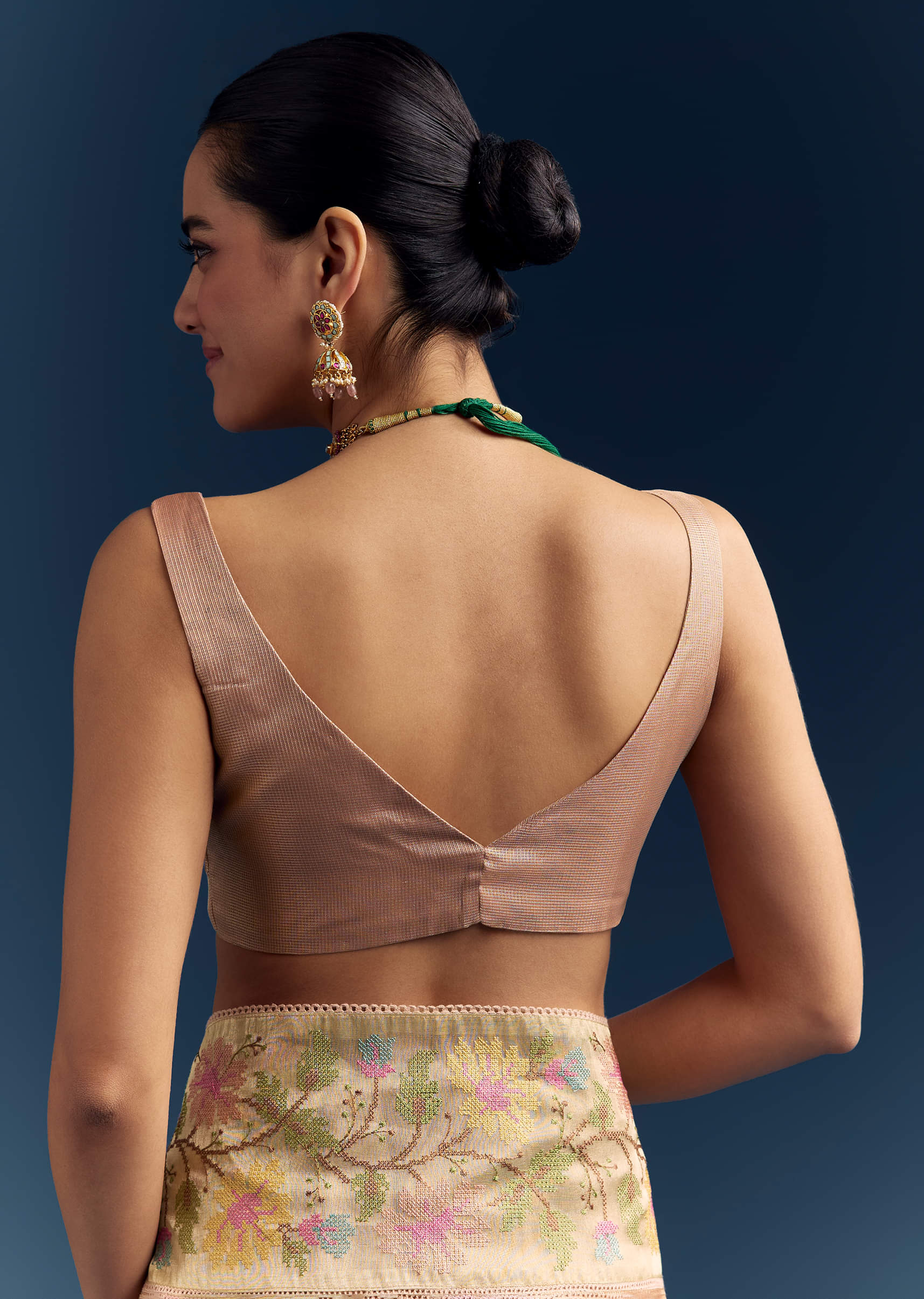 Peach Tissue Chanderi Silk Saree With Floral Resham Work - Image 7