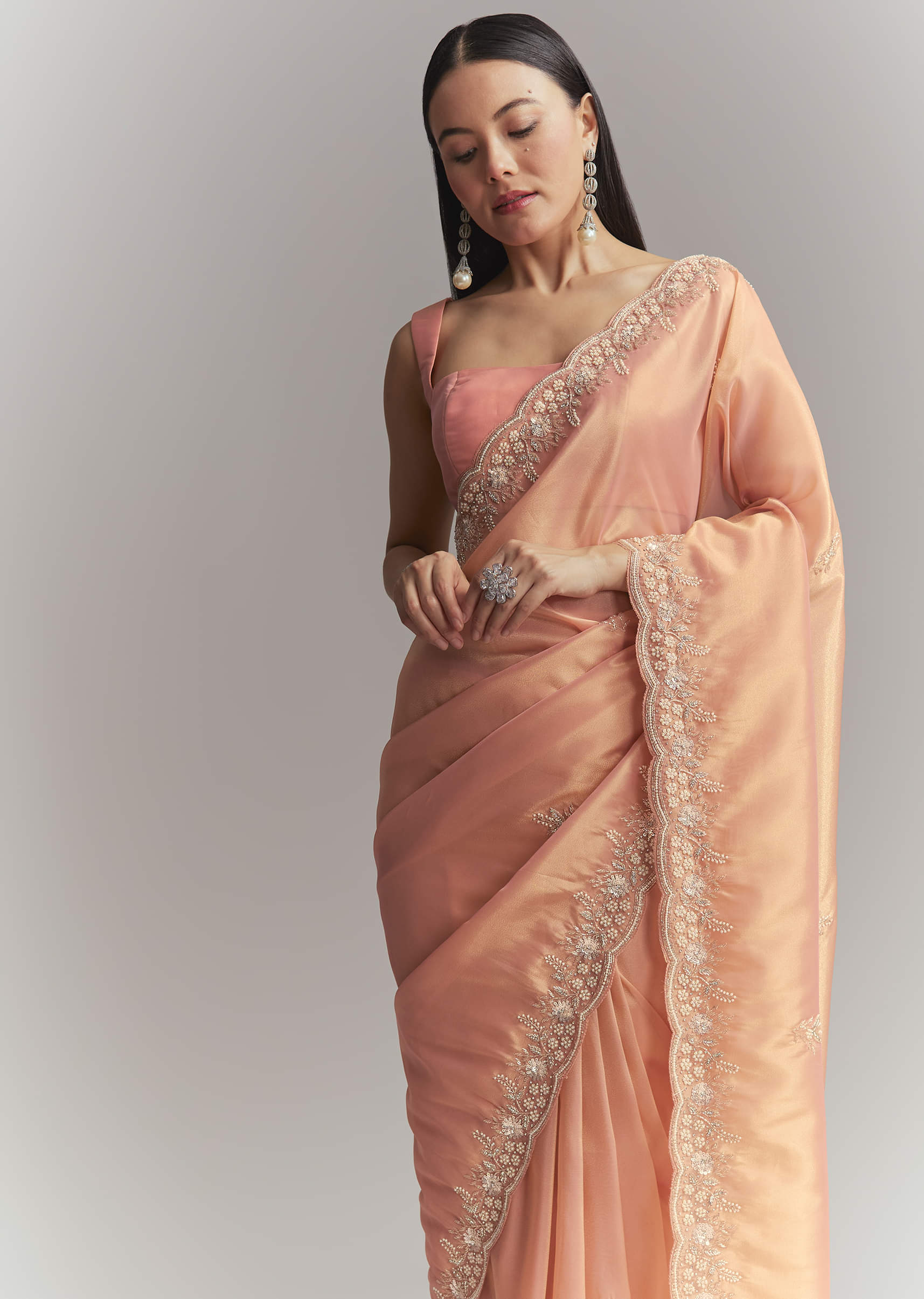 Peach Tissue Embroidered Saree With Heavy Hand Embroidery - Image 10