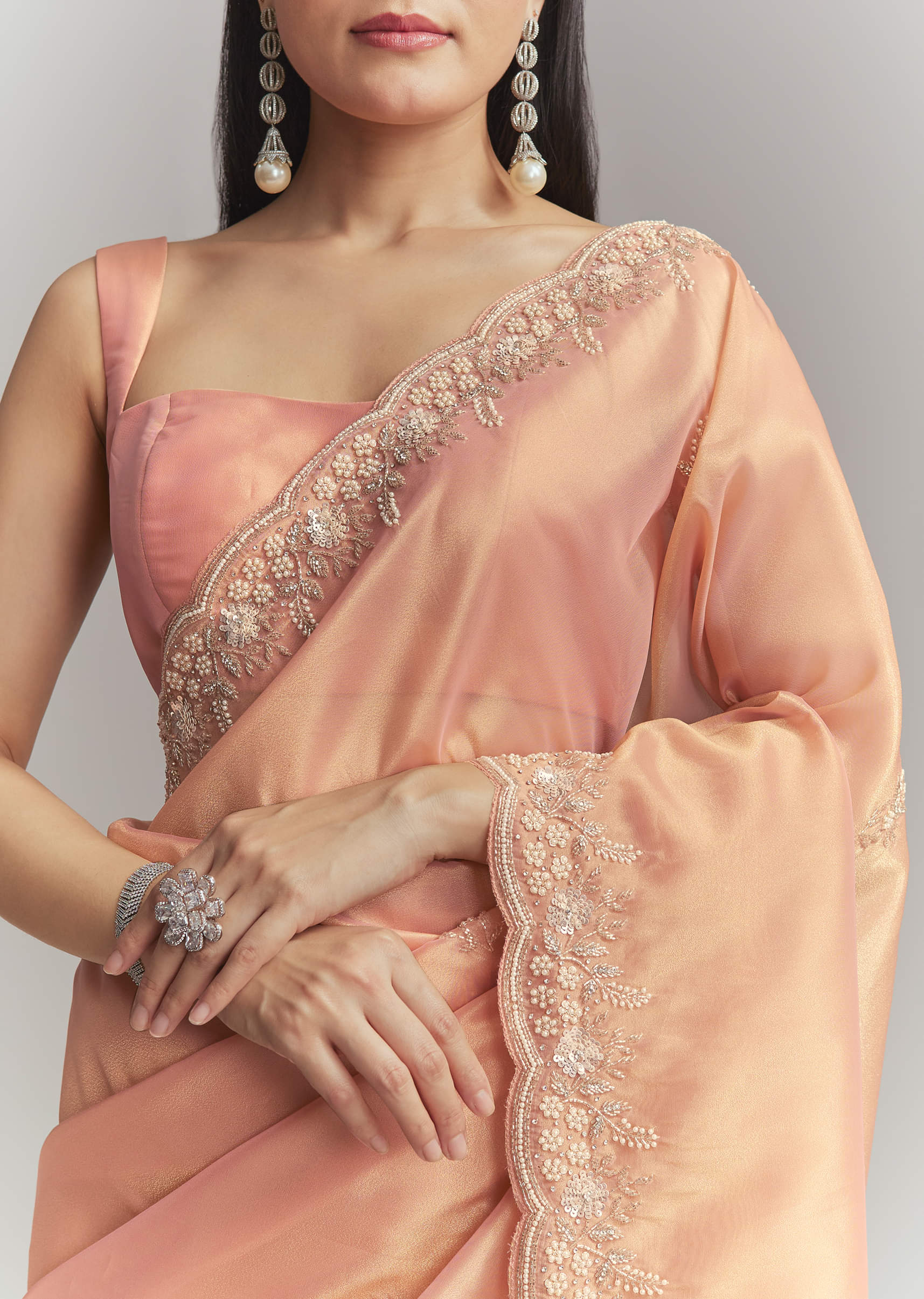 Peach Tissue Embroidered Saree With Heavy Hand Embroidery - Image 2