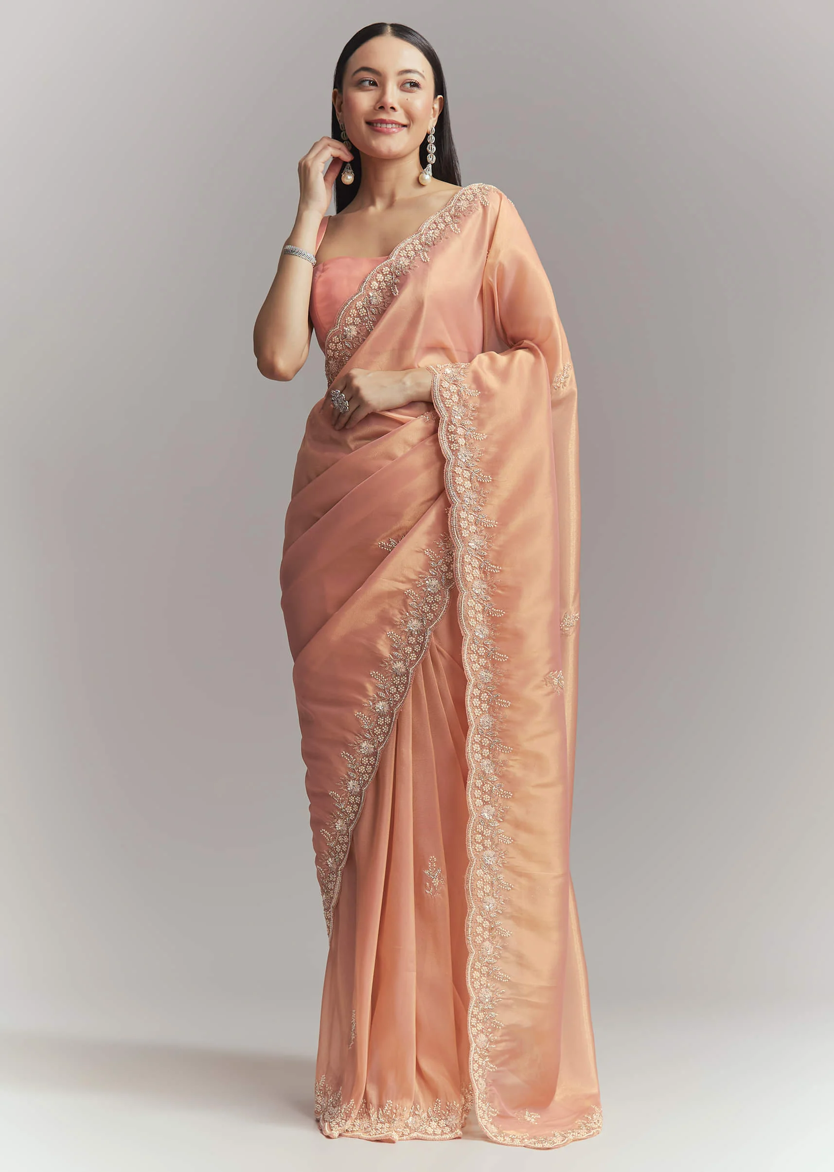 Peach Tissue Embroidered Saree With Heavy Hand Embroidery - Image 5