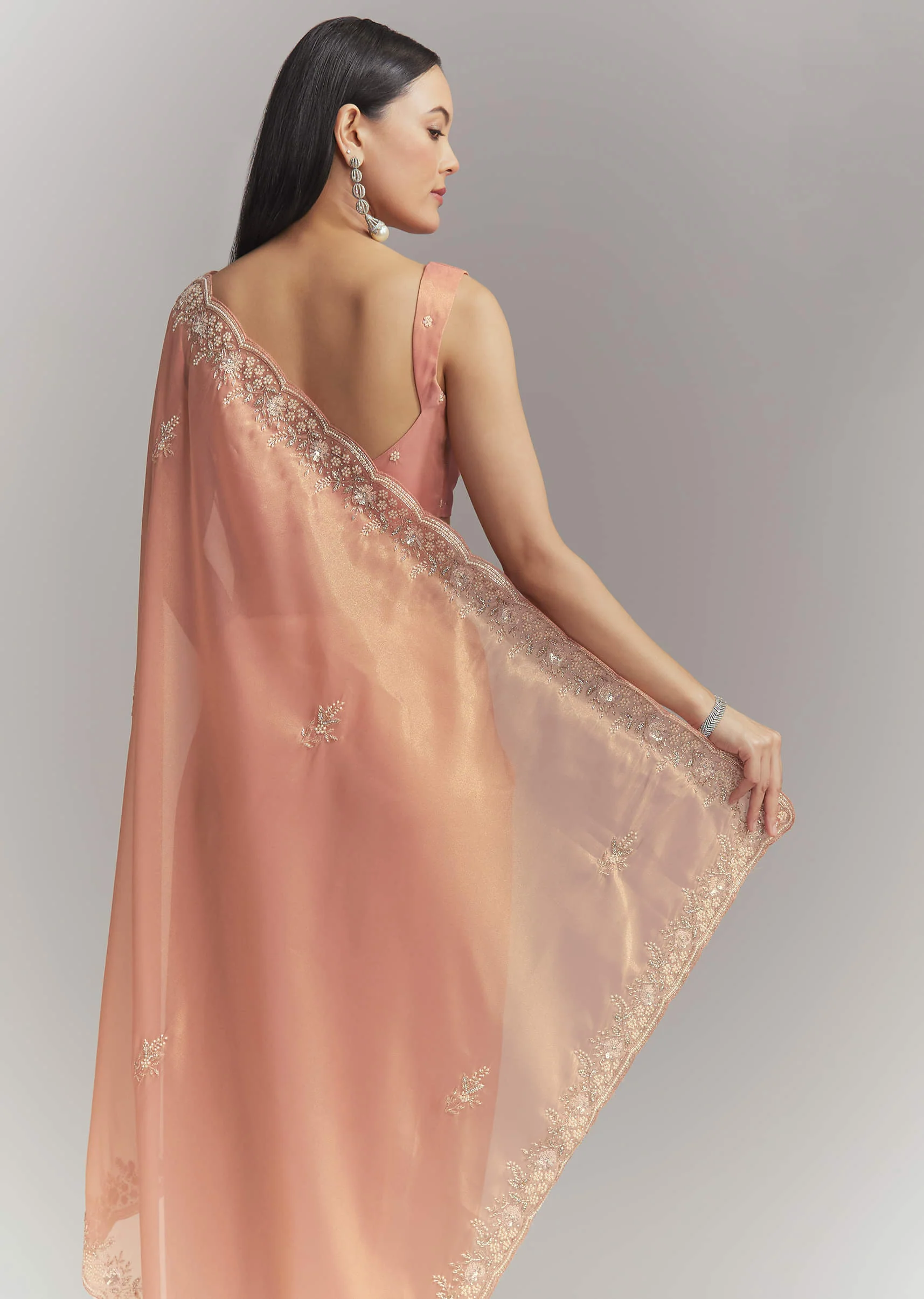 Peach Tissue Embroidered Saree With Heavy Hand Embroidery - Image 6
