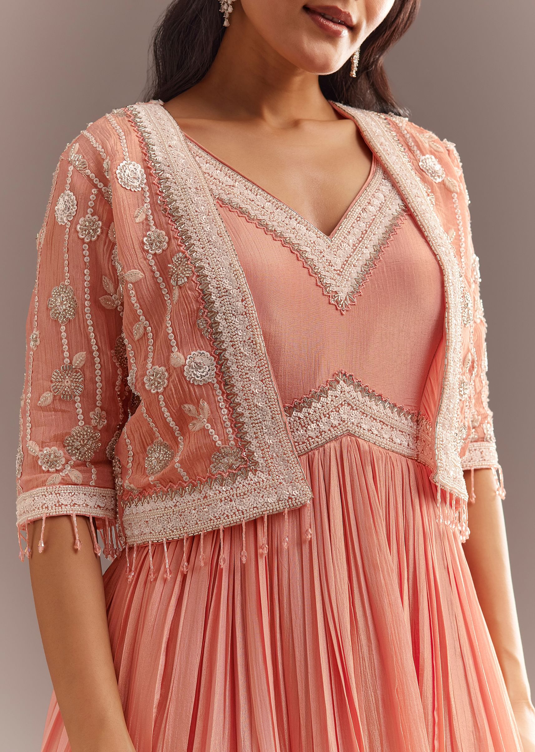 Peach Tissue Gown With Embroidered Jacket - Image 2