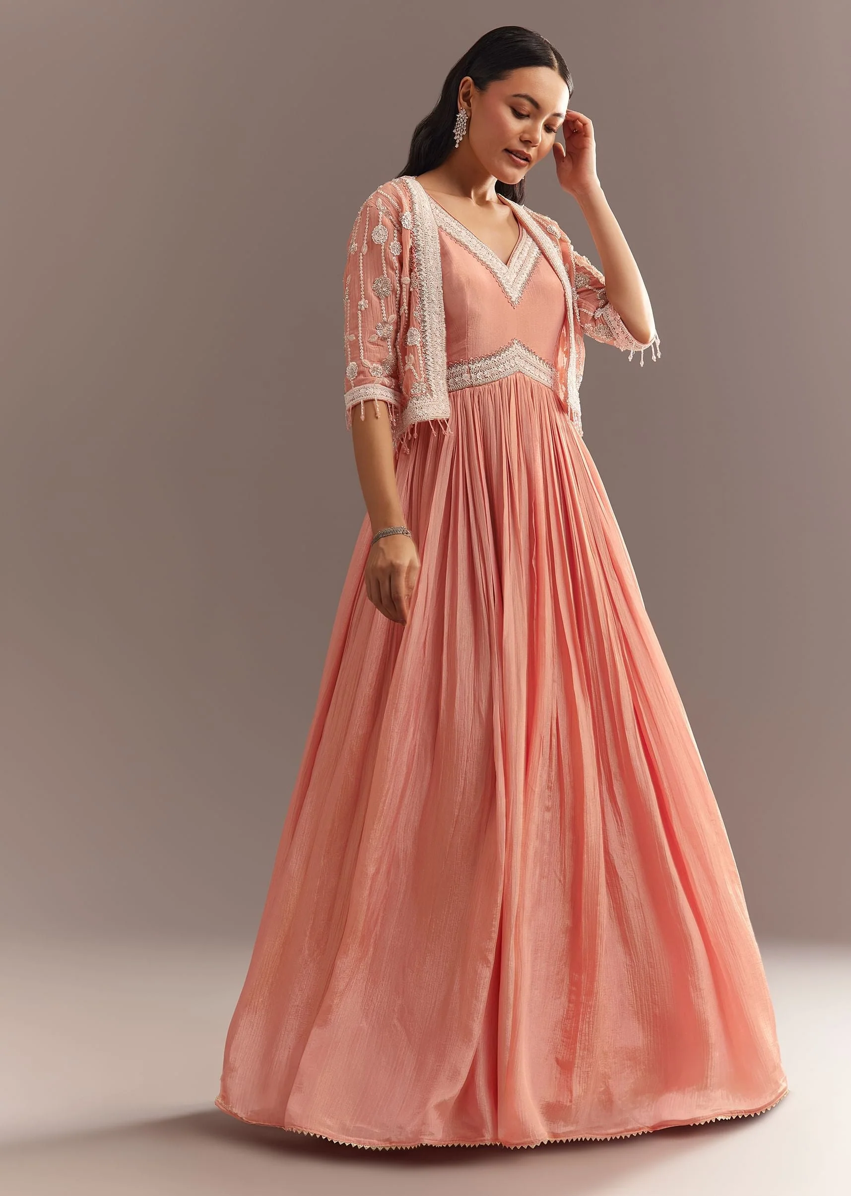 Peach Tissue Gown With Embroidered Jacket - Image 3