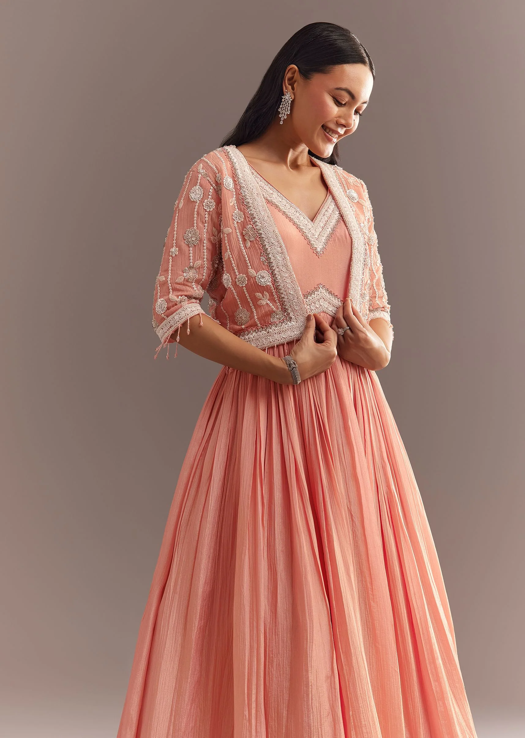 Peach Tissue Gown With Embroidered Jacket - Image 4