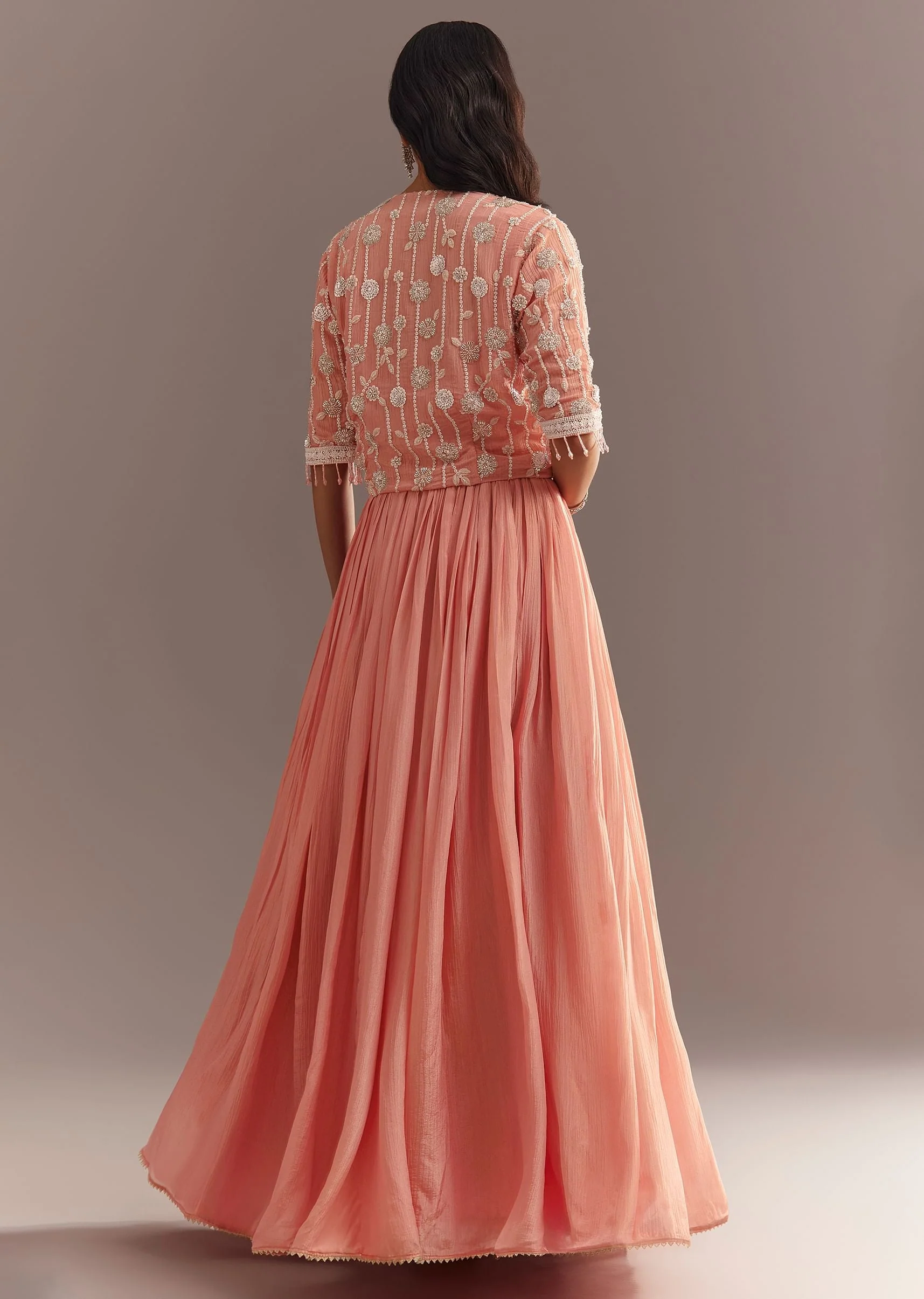 Peach Tissue Gown With Embroidered Jacket - Image 6