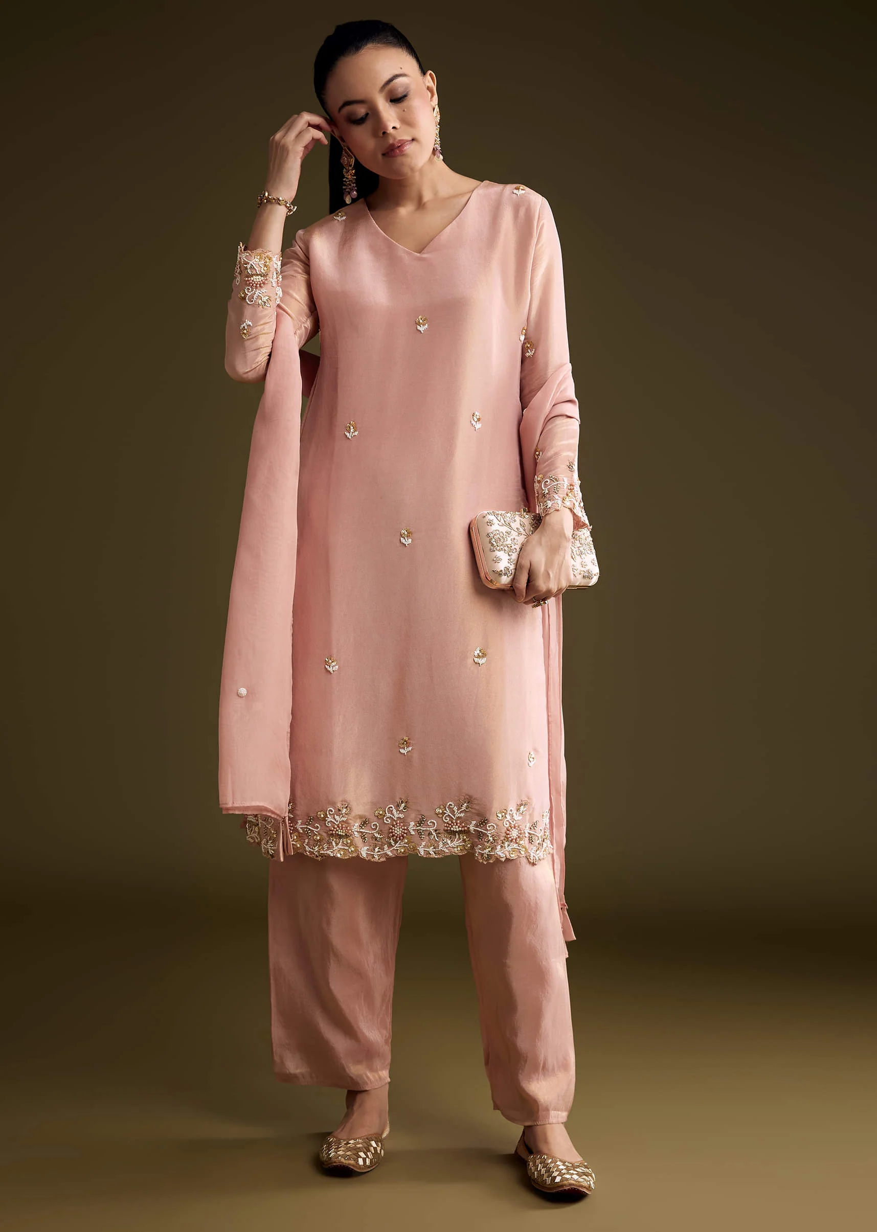 Peach Tissue Kurta Set With Sequins And Moti Embroidery - Image 4