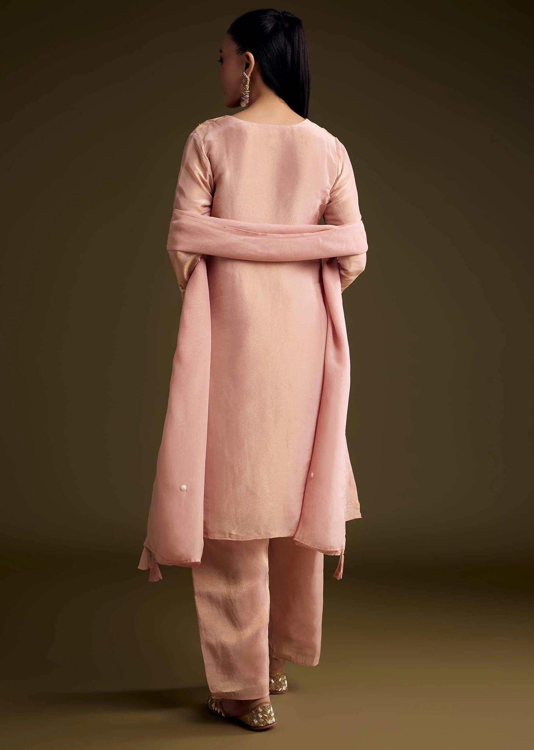 Peach Tissue Kurta Set With Sequins And Moti Embroidery - Image 5