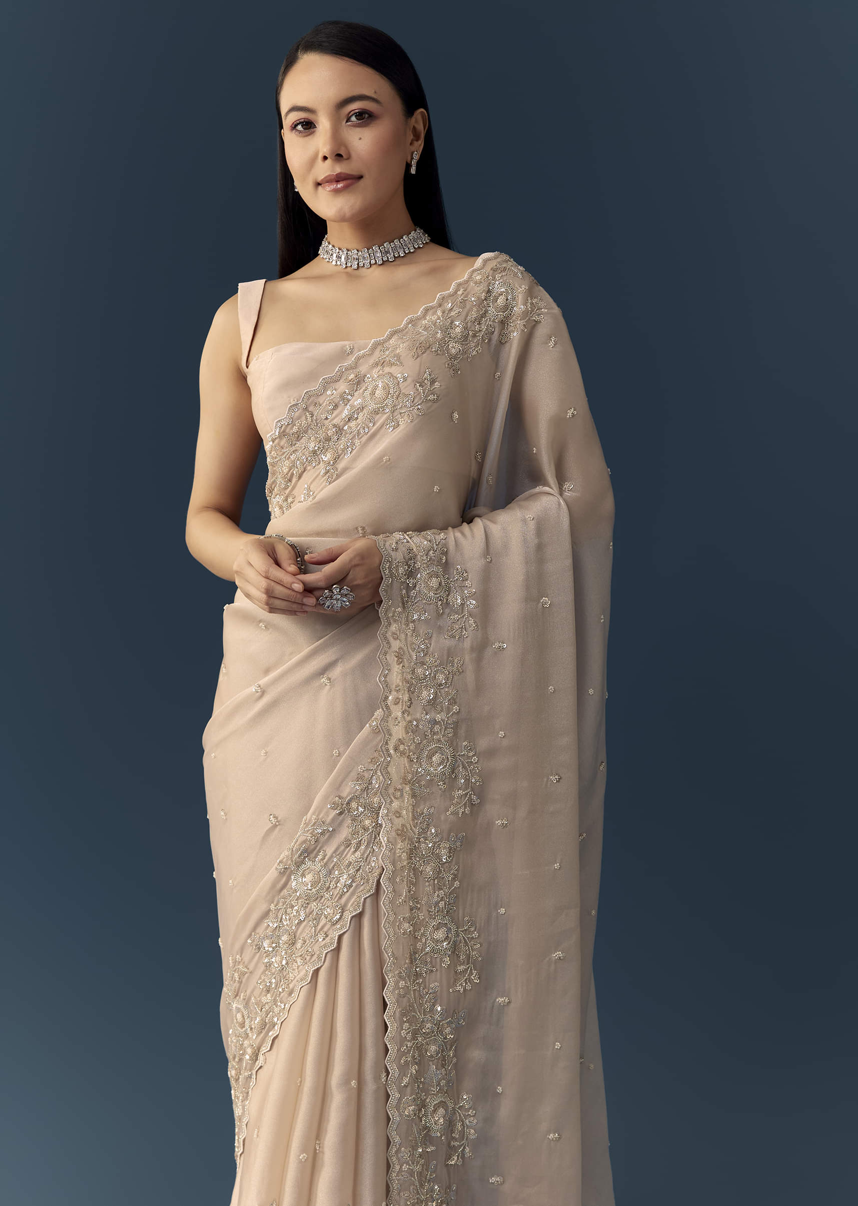 Peach Tissue Organza Cutwork Saree with Unstitched Blouse Fabric - Image 5