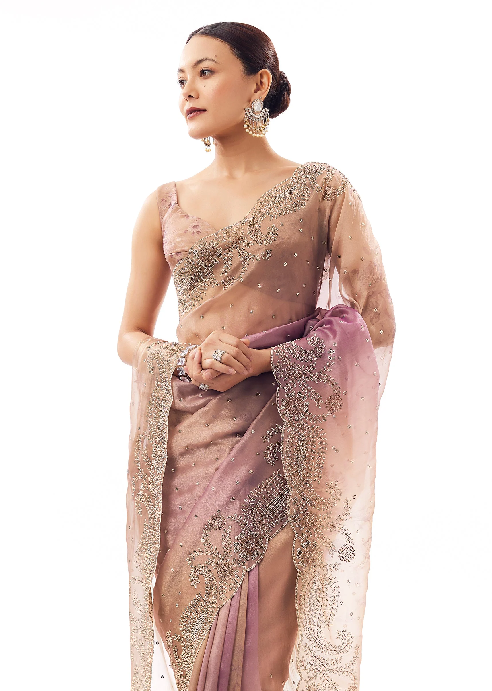 Peach Tissue Organza Stone Embellished Saree - Image 5