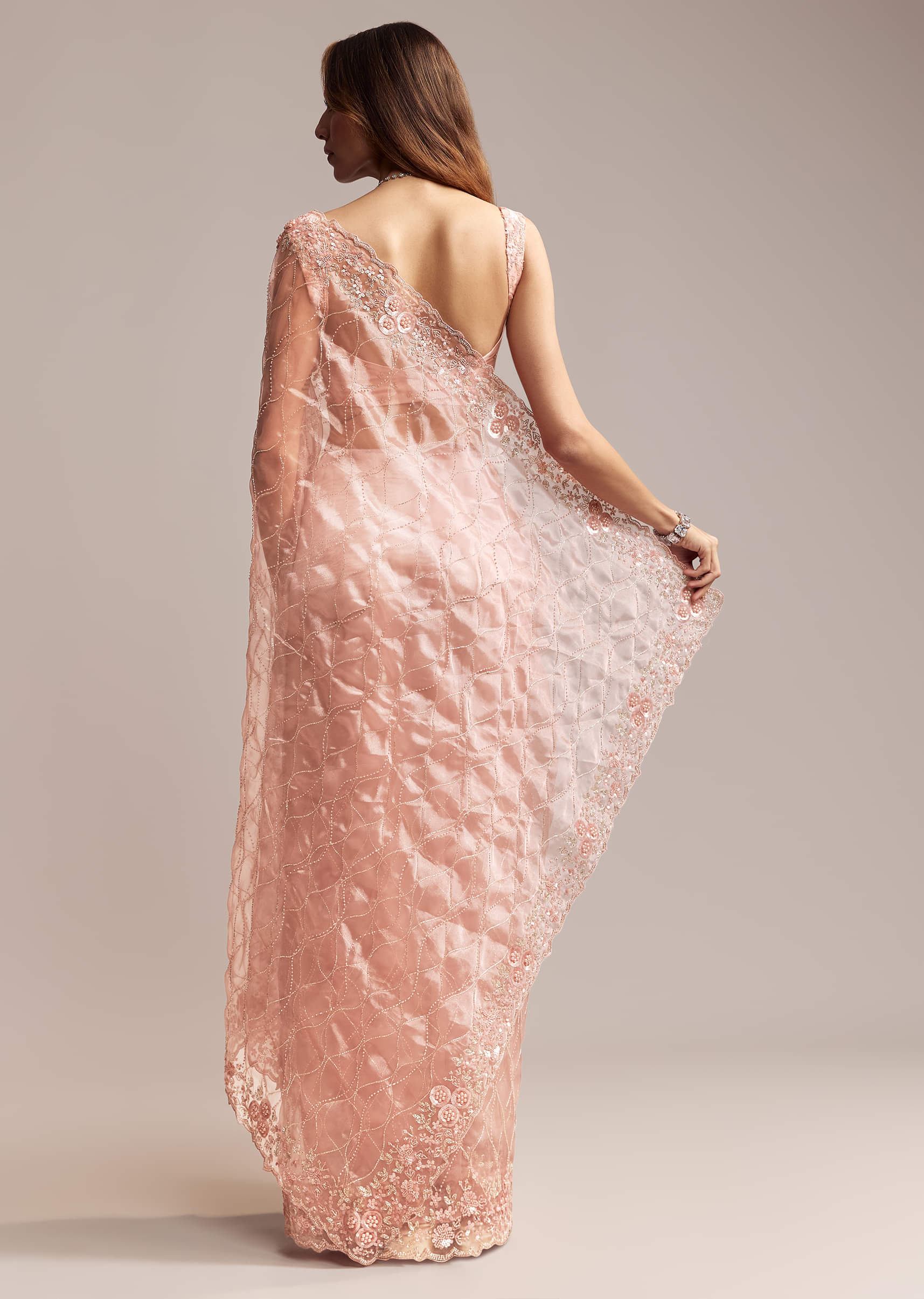 Peach Tissue Saree With Geometric Embroidery - Image 5