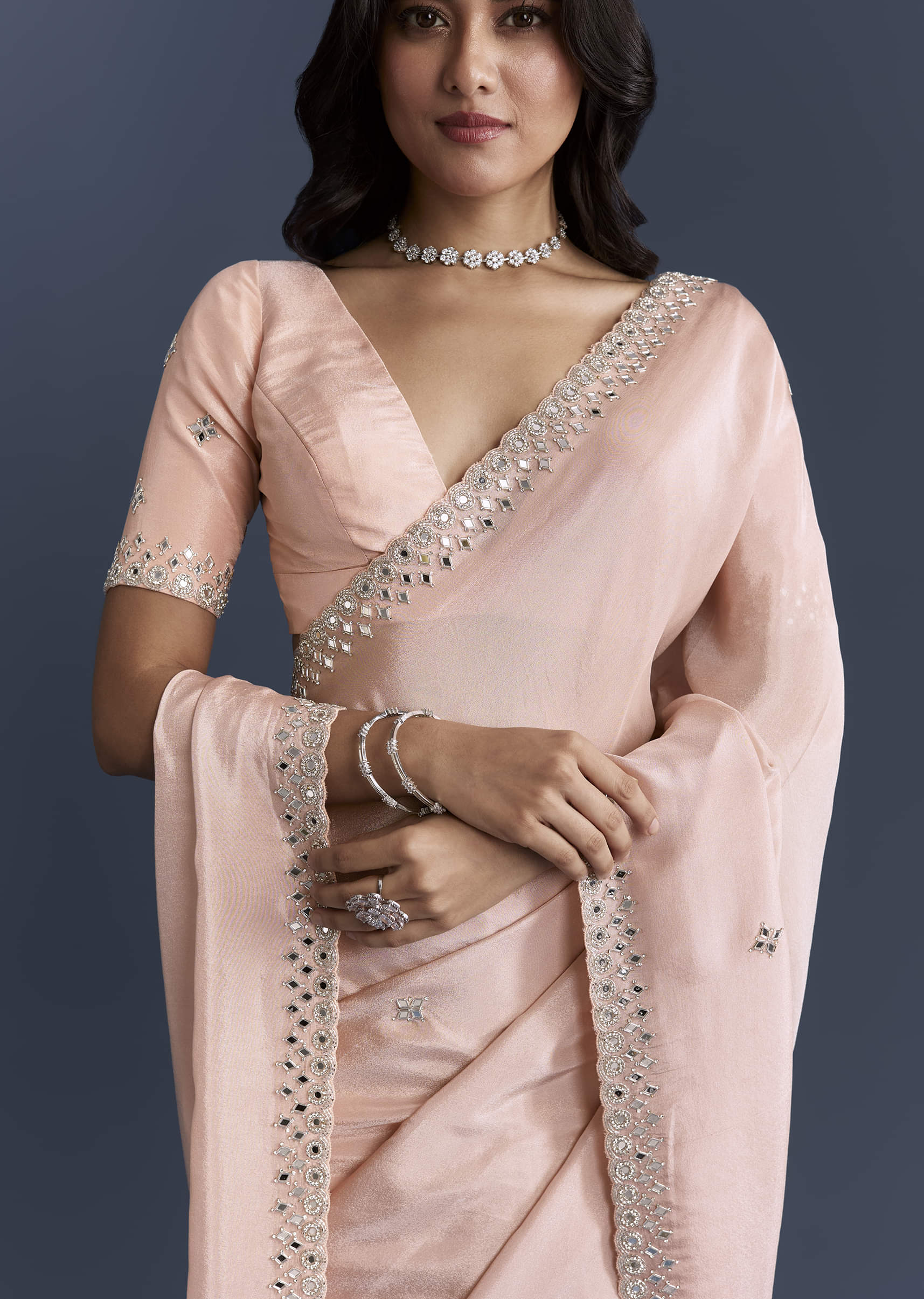 Peach Tissue Saree With Heavy Hand Embroidery - Image 2