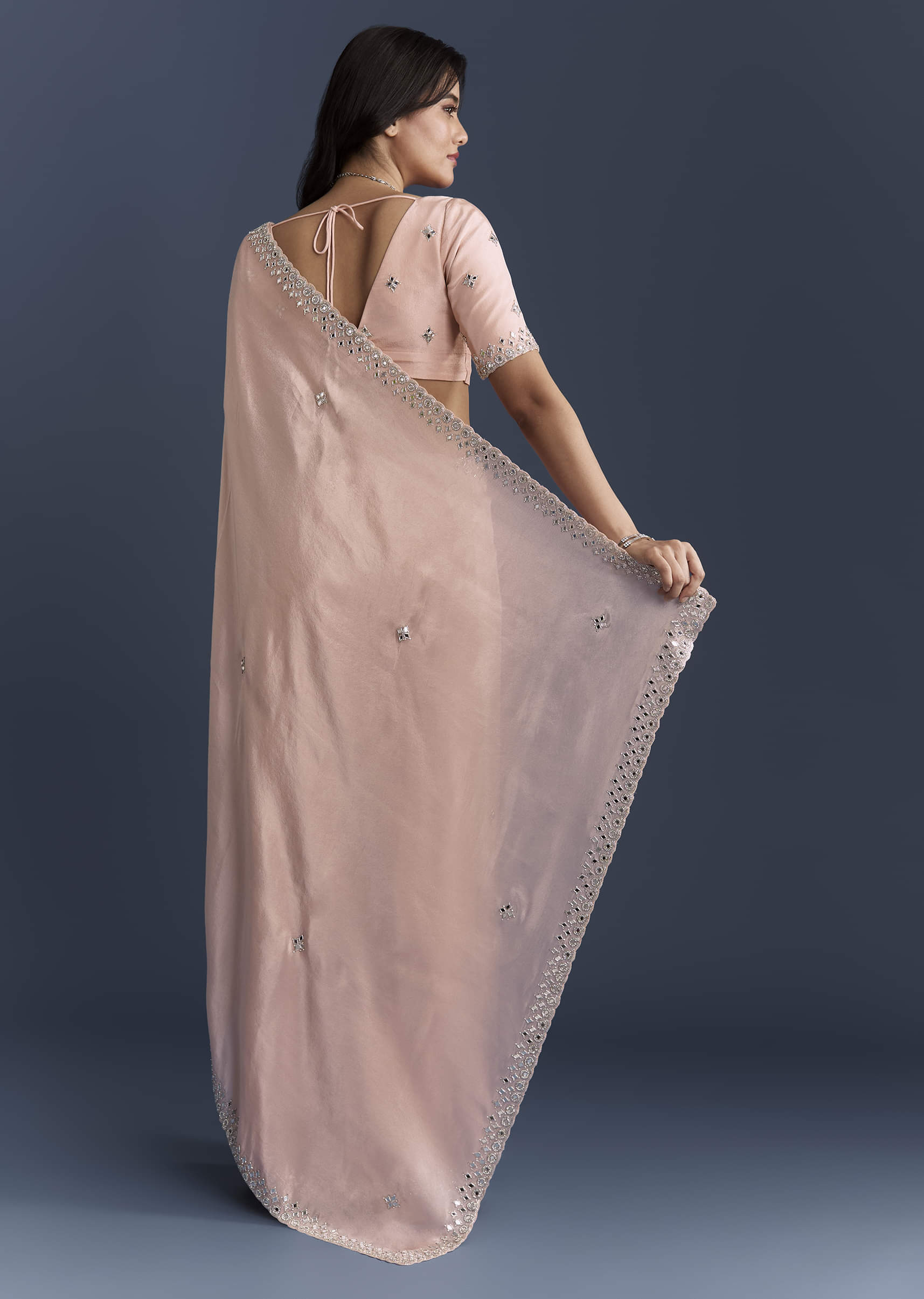 Peach Tissue Saree With Heavy Hand Embroidery - Image 4