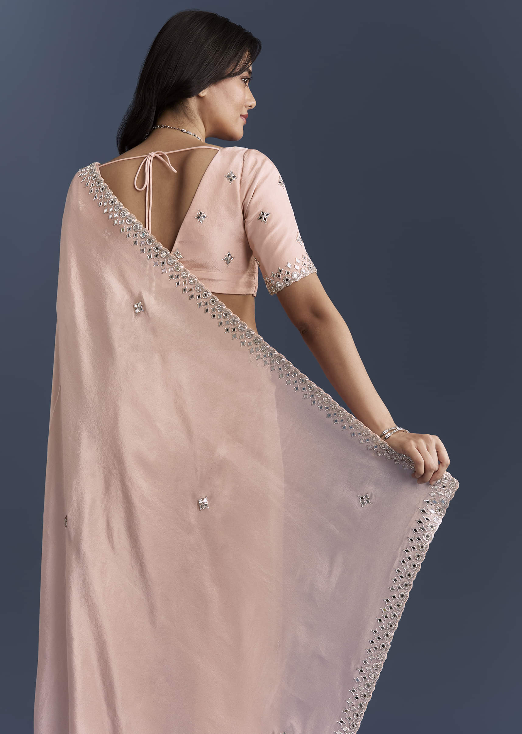 Peach Tissue Saree With Heavy Hand Embroidery - Image 6
