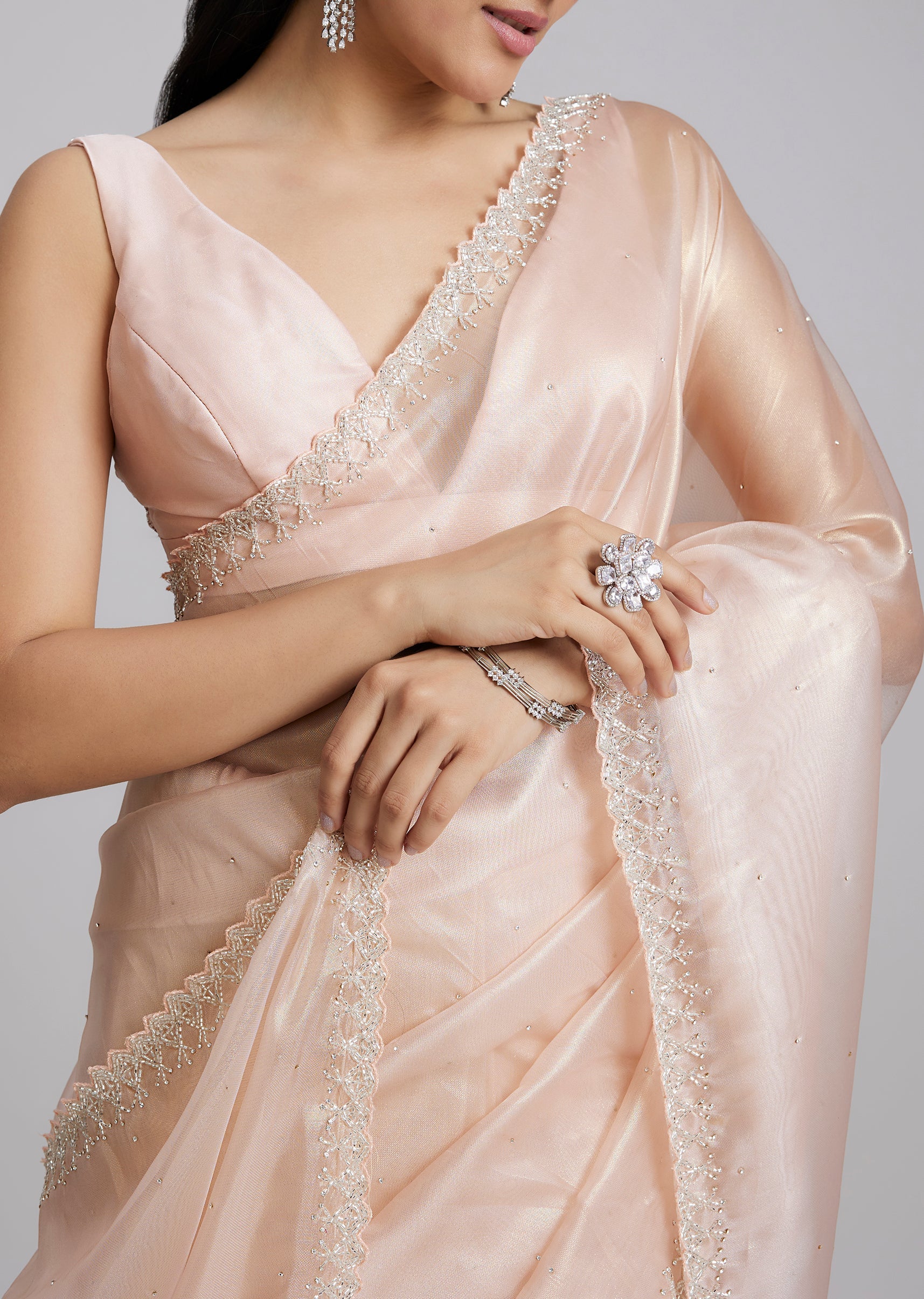 Peach Tissue Saree With Stones And Zigzag Border - Image 2