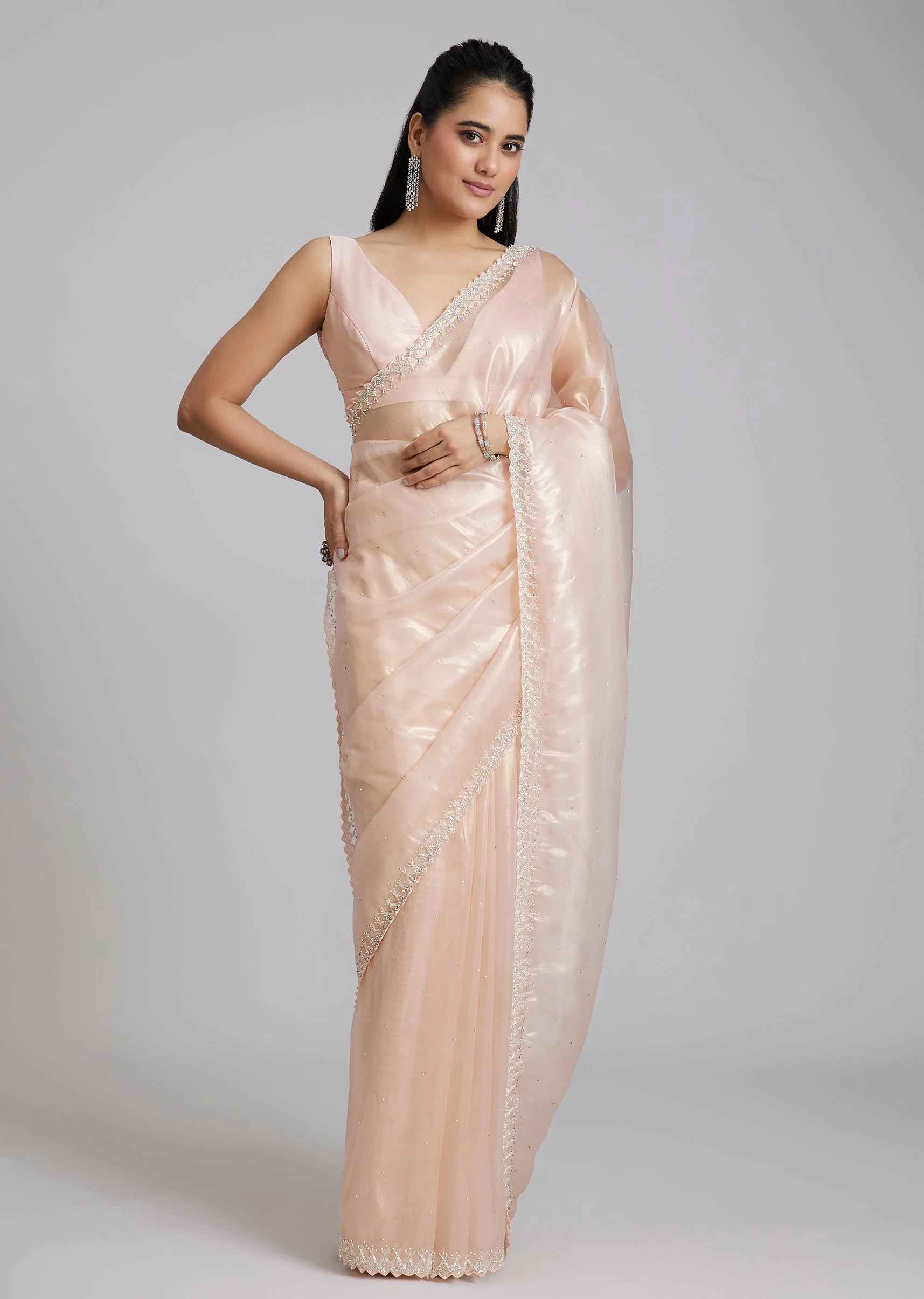 Peach Tissue Saree With Stones And Zigzag Border - Image 3