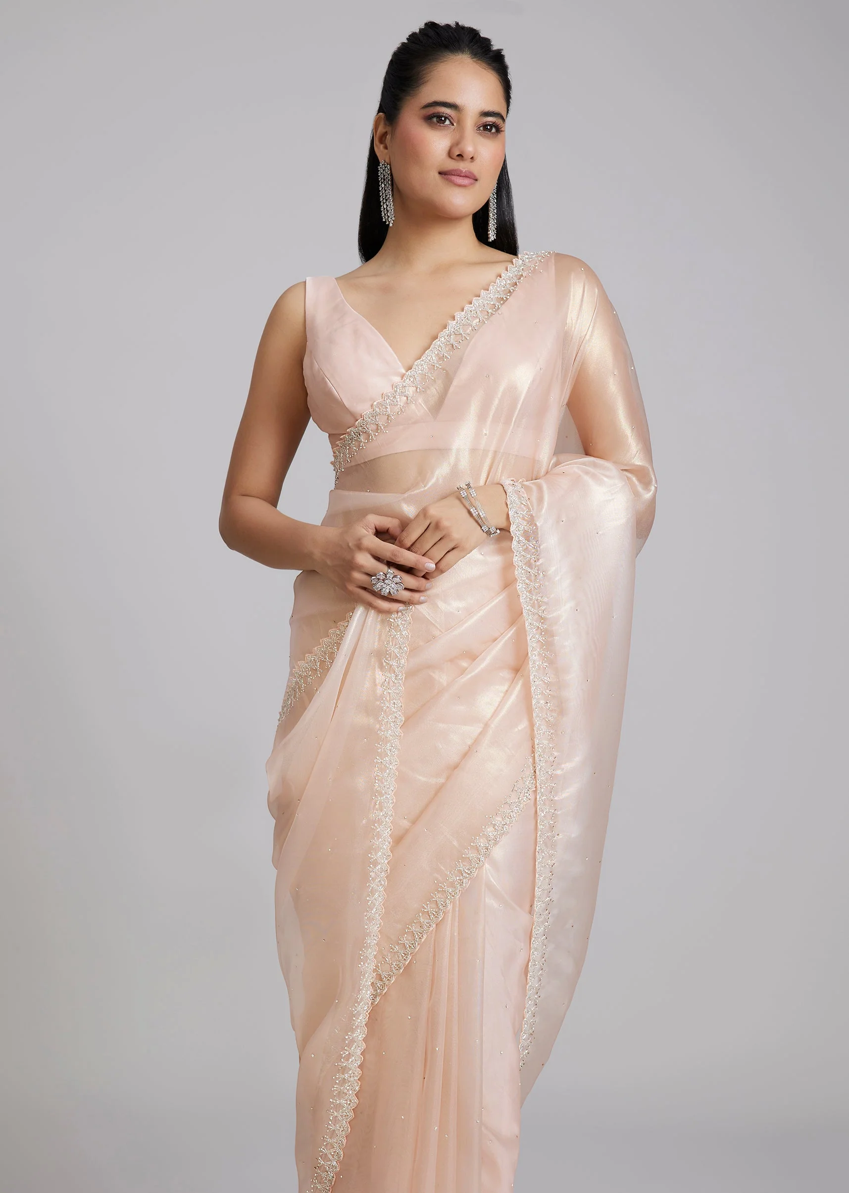 Peach Tissue Saree With Stones And Zigzag Border - Image 5