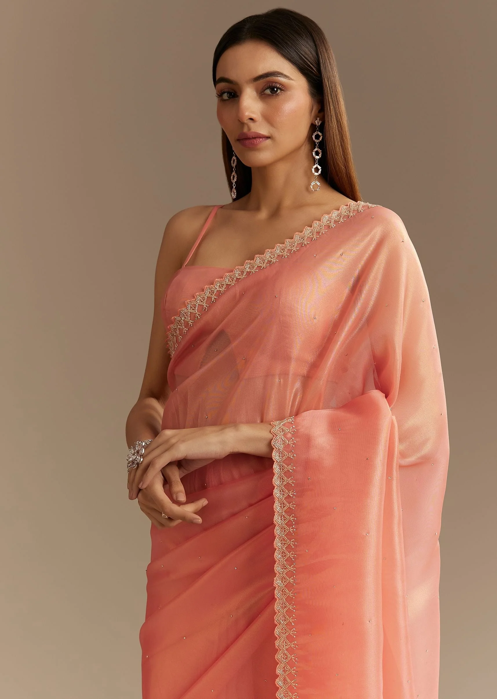 Peach Tissue Saree With Stones Cutdana Embellishments And Scallop Border - Image 3